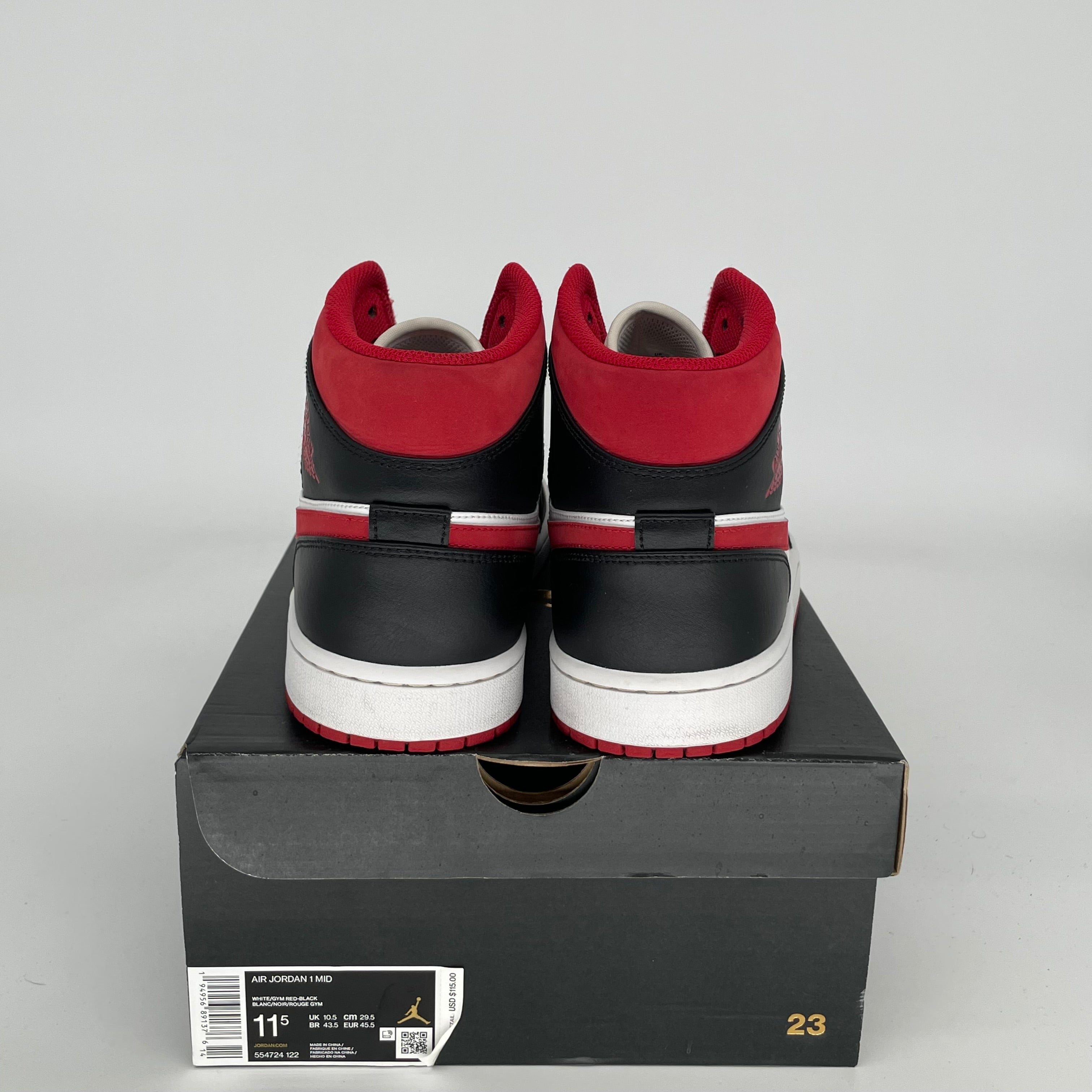 AIR JORDAN 1 MID GYM RED BLACK WHITE Men's Basketball Shoes Size 11.5 (554724-122) - Perfect for Streetwear, Sneaker Collection & Casual Wear