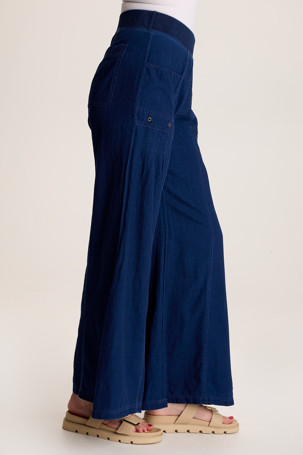 Florentine Mock Denim Wide Leg Pants for Women - High Waisted Stretch Comfort Pants - Casual Lounge, Office, and Travel Outfits