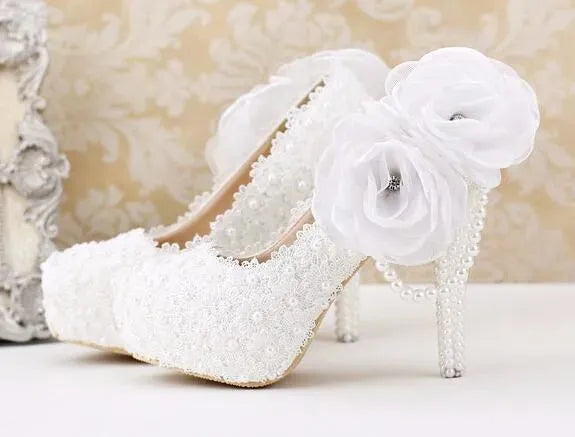 Elegant White Rose Wedding Heel Pumps - Women's Bridal Shoes for Ceremony, Reception & Photoshoot - Perfect for Bride, Bridesmaids & Special Occasions