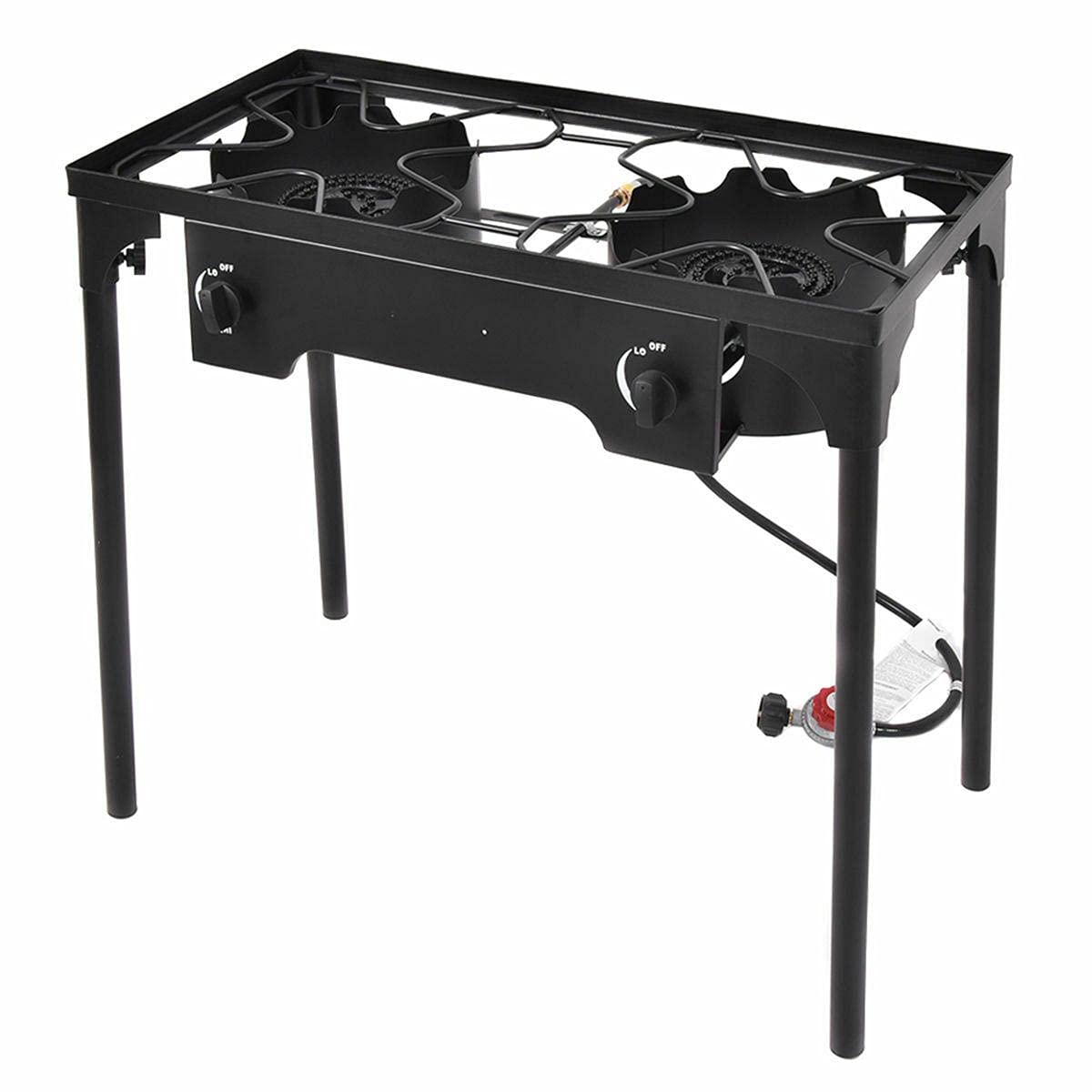 BebLP Camping Double Burner Cooker Stove Stand - Portable Outdoor BBQ Grill Table for Picnics, Tailgating & Backyard Cooking | Heavy-Duty Prep Surface with Side Shelves