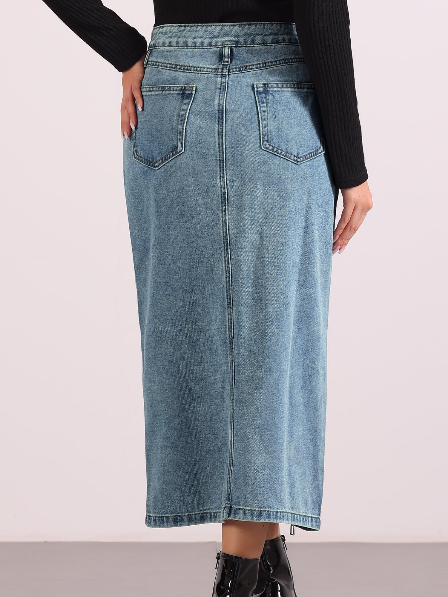 Allegra K Women's Denim Jean Skirt with Pockets - Front Zipper & Split Design for Casual Wear, Office Outfits & Date Night Looks
