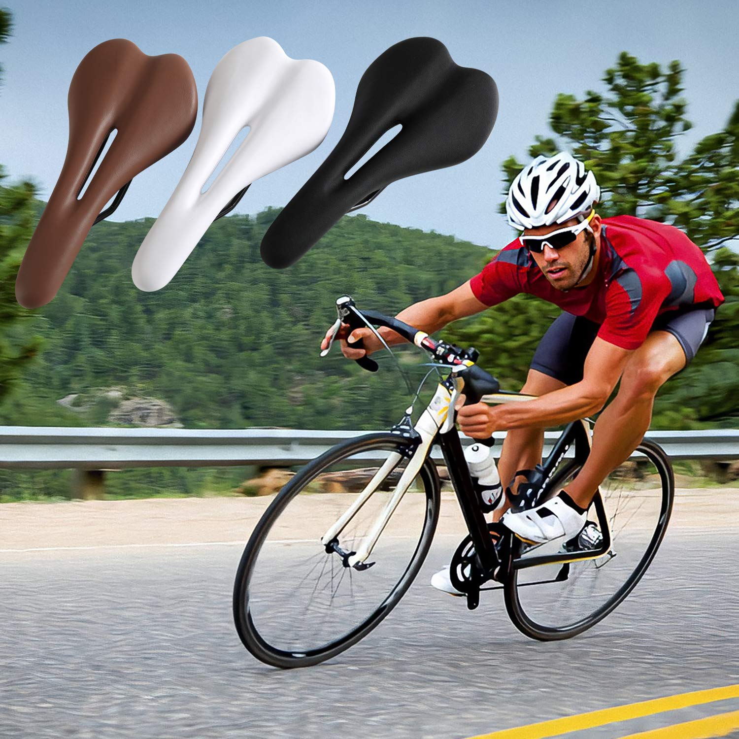 Breathable Comfortable Bicycle Saddle Seat Pad - Shock Absorbing & Hollow Design for Road Bikes, Fixed Gear Bikes (Brown, Thickened) - Perfect for Long Distance Cycling & Commuting