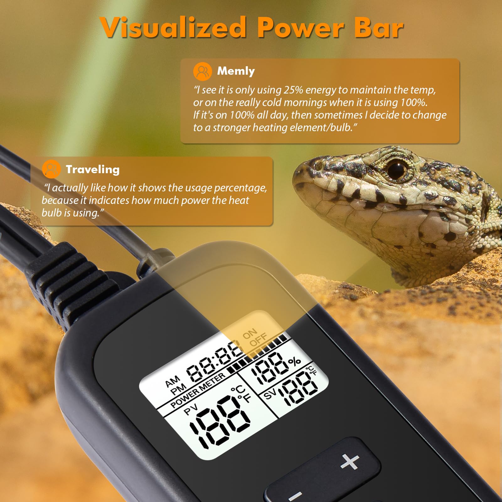 Reptile Thermostat with Temperature Probe - Dimmable PID Temperature Controller for Heat Lamps & Heating Pads, ℉/℃ Switchable with Memory Function - Ideal for Terrariums, Vivariums & Reptile Habitats