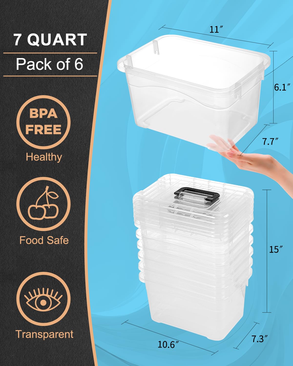 6-Pack Clear Plastic Storage Bins with Black Buckle Lids - 7 Quart Stackable Organizing Containers for Pantry, Office, Classroom & Home Organization | Perfect for Food Storage, School Supplies & Closet Organization