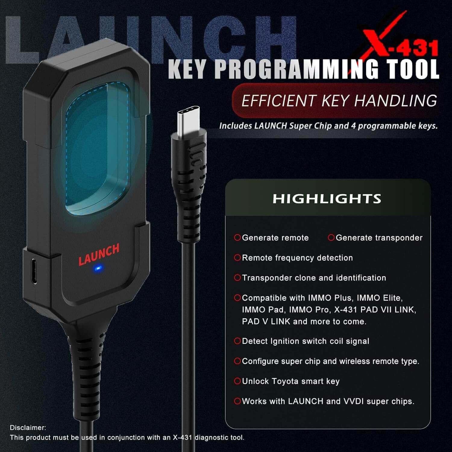 Launch X431 Key Programmer Remote Maker with 4PCS Universal Remote Keys & 1PCS Super Chip - Compatible with X431 IMMO Elite/IMMO Plus/PAD V - Professional Car Key Programming Tool for Locksmiths & Auto Repair Shops