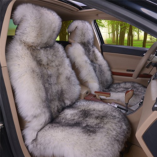 Genuine Sheepskin Car Seat Covers - Luxury Long Wool Fur Front Seat Covers Set for Winter, Universal Fit (White/Grey) | Warm & Comfortable for Cold Weather Driving, Road Trips, and Daily Commute