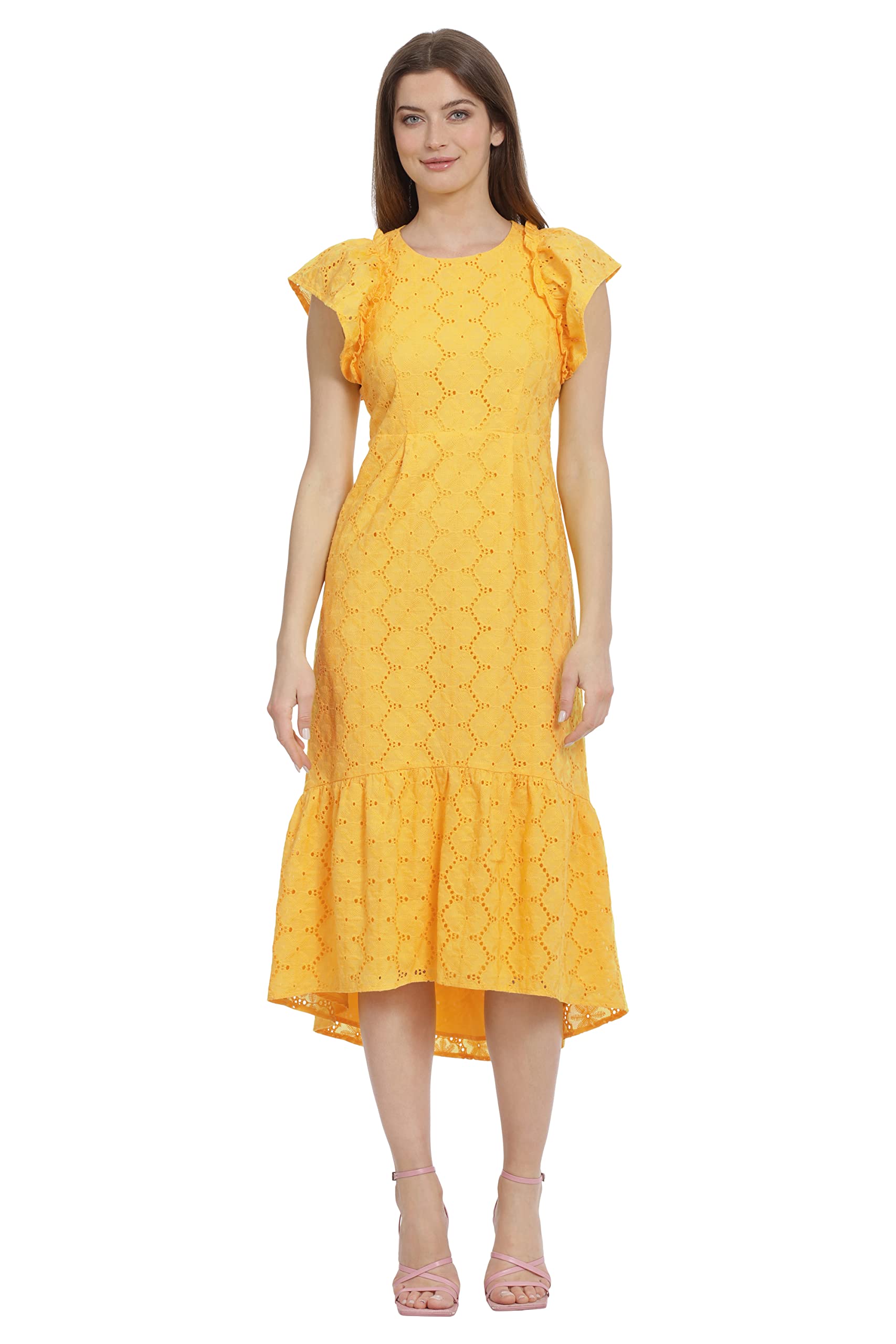 Maggy London Women's Jewel Neck Flutter Sleeve Midi Dress - Elegant Floral Print Party & Cocktail Dress for Wedding, Office & Special Occasions
