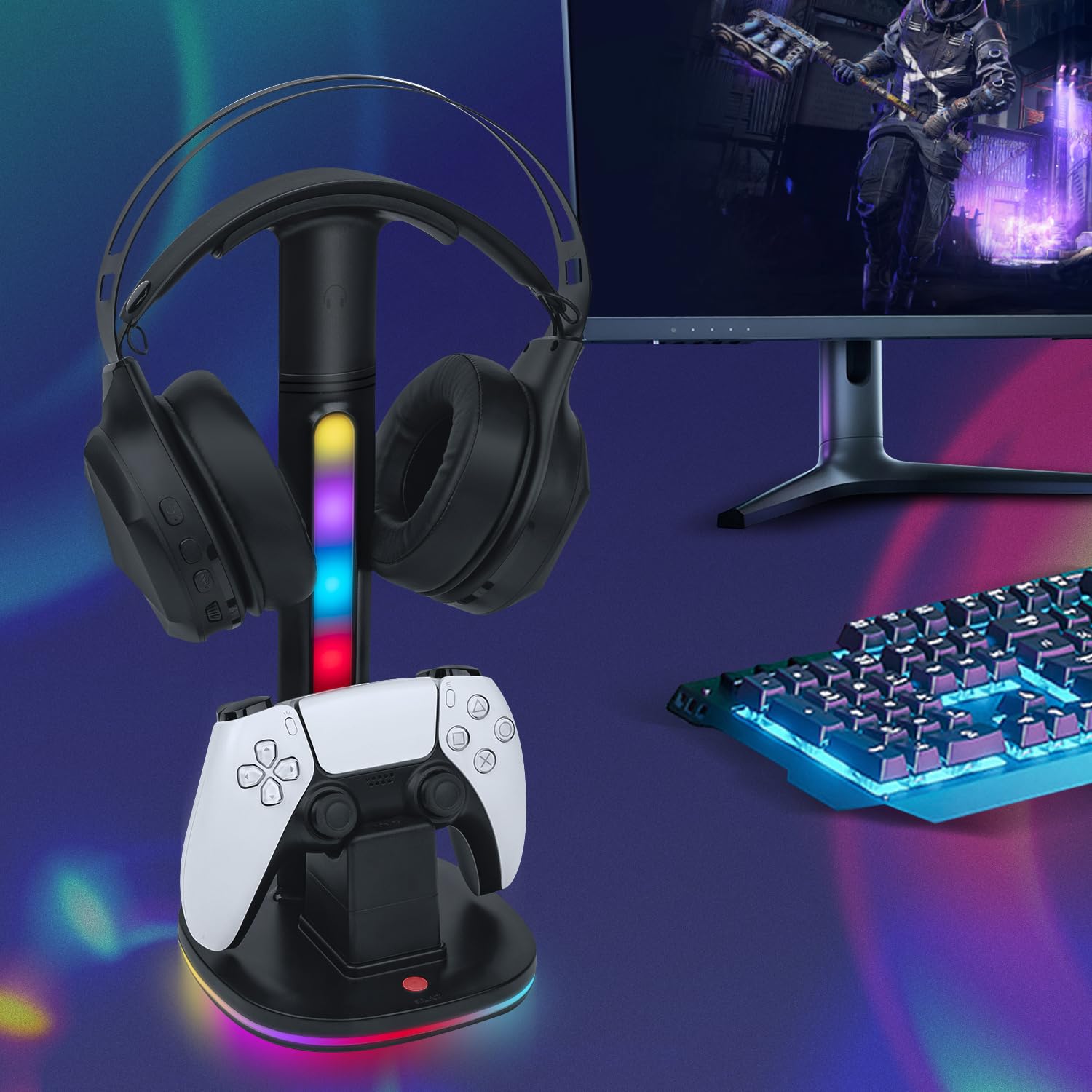 Mcbazel PS5 DualSense Controller Charging Station with Wireless Headset Stand, RGB Lighting - Compatible with PlayStation 5 Console - Perfect for Gaming Setup & Accessory Organization