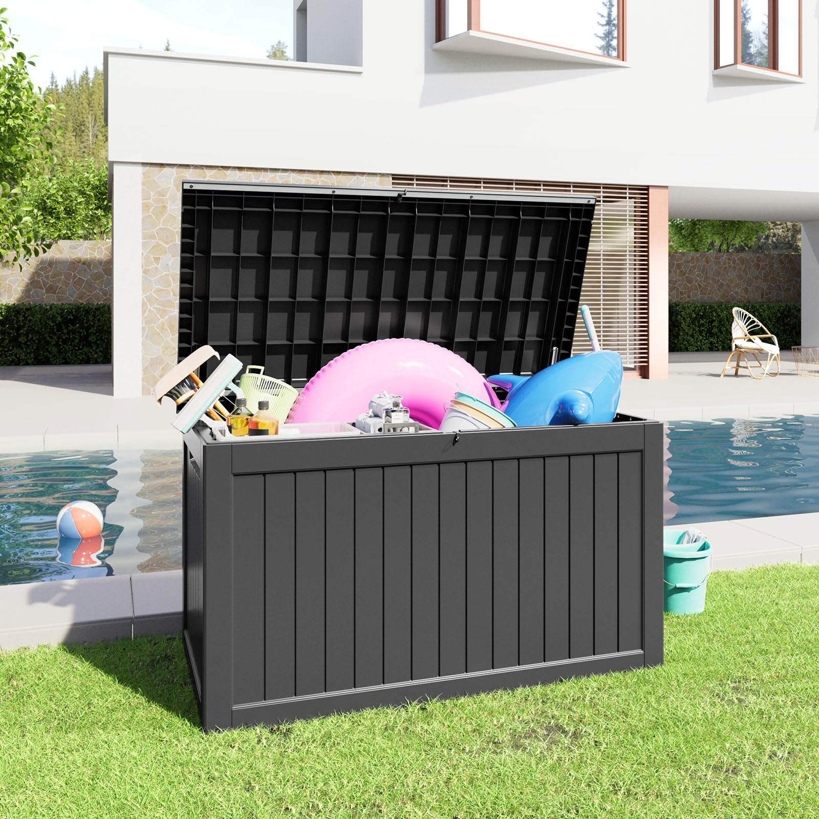 **230 Gallon XXL Large Resin Deck Box – Outdoor Lockable Storage for Patio Cushions, Pool Supplies & Garden Tools – Weatherproof & UV Resistant – Perfect for Backyard, Poolside & Garden Organization (Black)**
