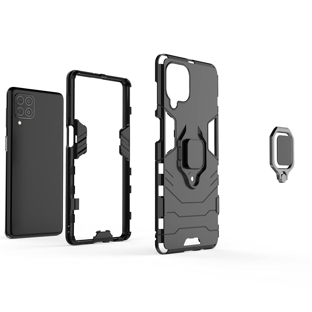 Samsung Galaxy F62 Case with Metal Ring & Kickstand - Shockproof Hard Bumper, Magnetic Car Mount Compatible, Dual Layer Rugged Cover (Black) - Perfect for Outdoor Activities, Travel & Daily Protection