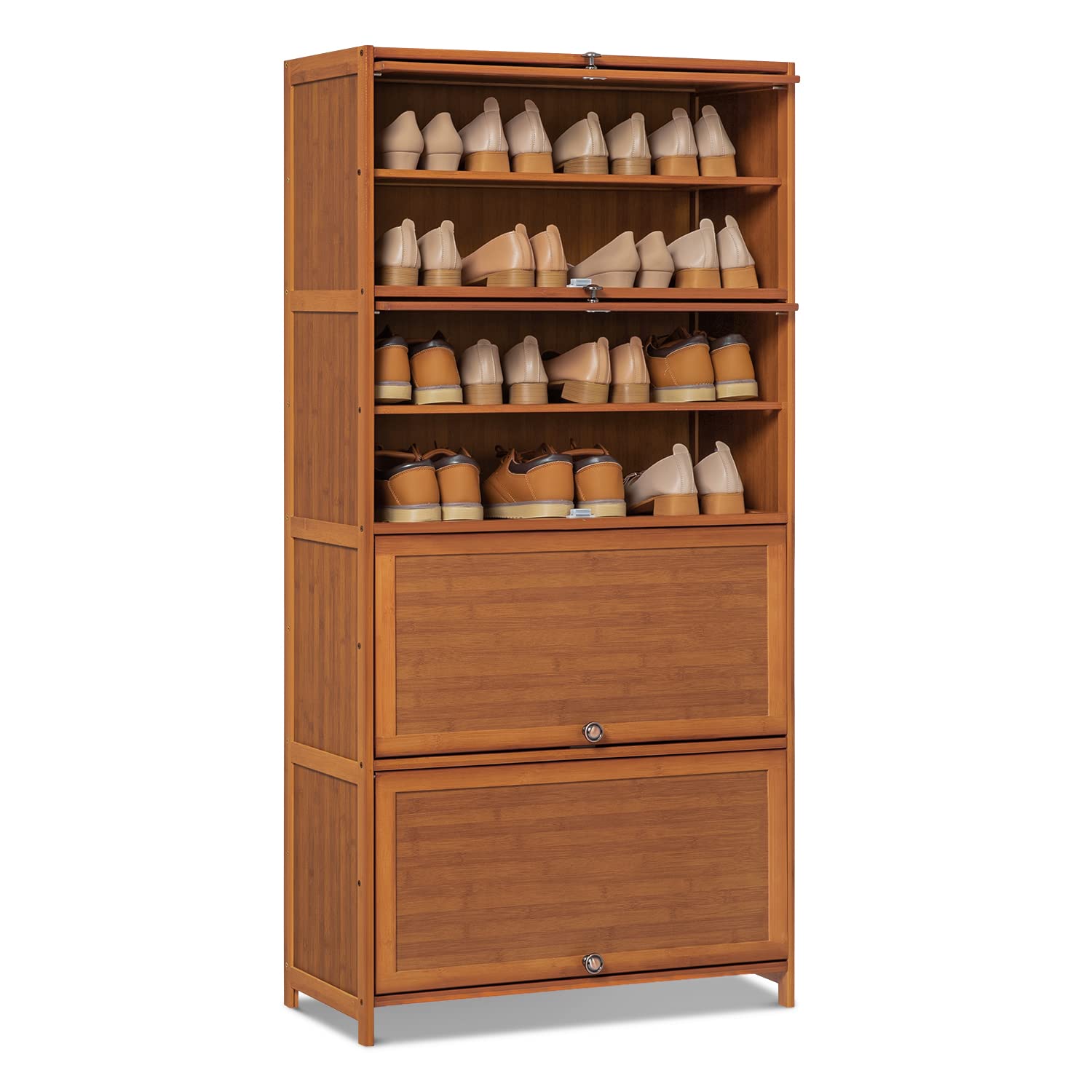 MoNiBloom 8-Tier Bamboo Shoe Cabinet with Flip Doors - Free Standing Shoe Storage Rack Organizer for 27-32 Pairs - Perfect for Entryway, Hallway, Bedroom & Office Organization (Brown)