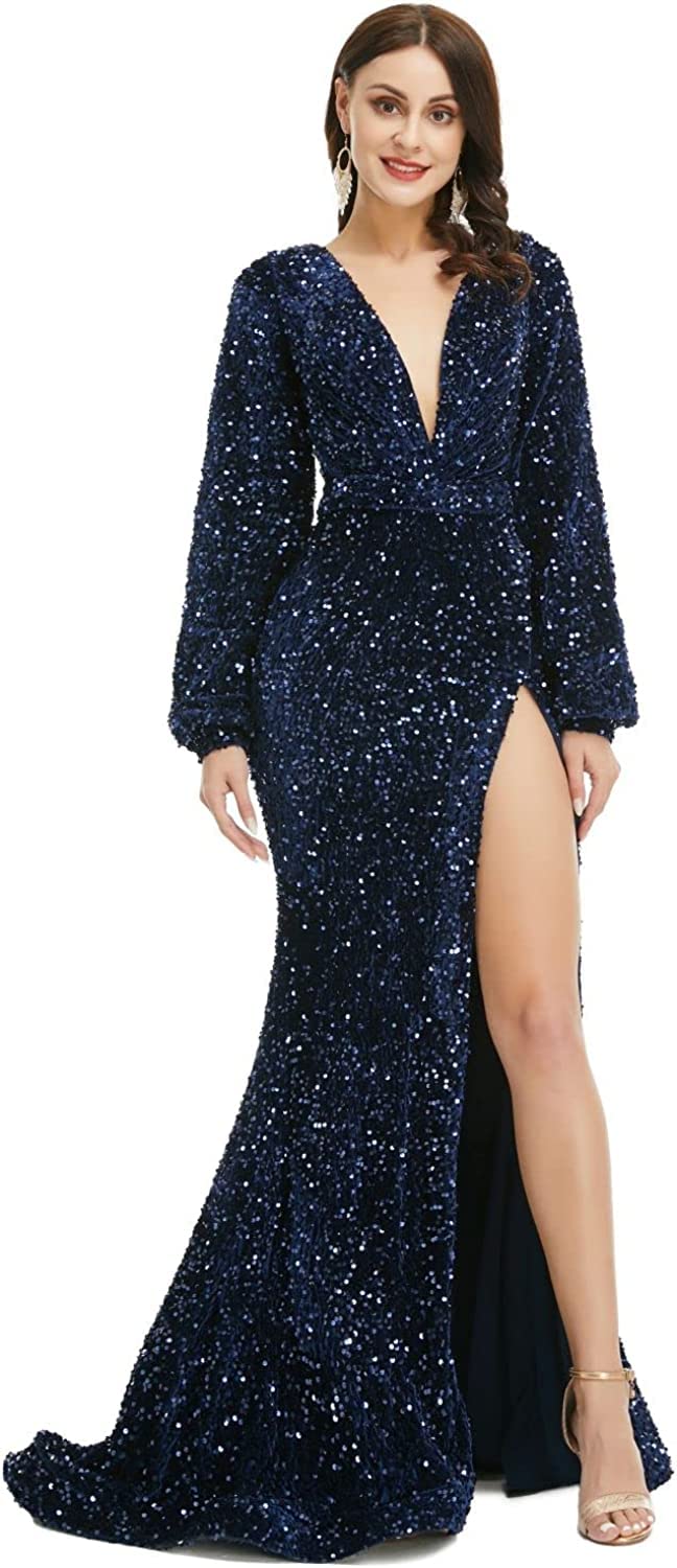 Elegant Women's V-Neck Sequin Long Sleeve Prom Dress with High Slit - Mermaid Cocktail Gown for Wedding, Evening Party & Special Occasions | Perfect for Homecoming, Gala & Formal Events