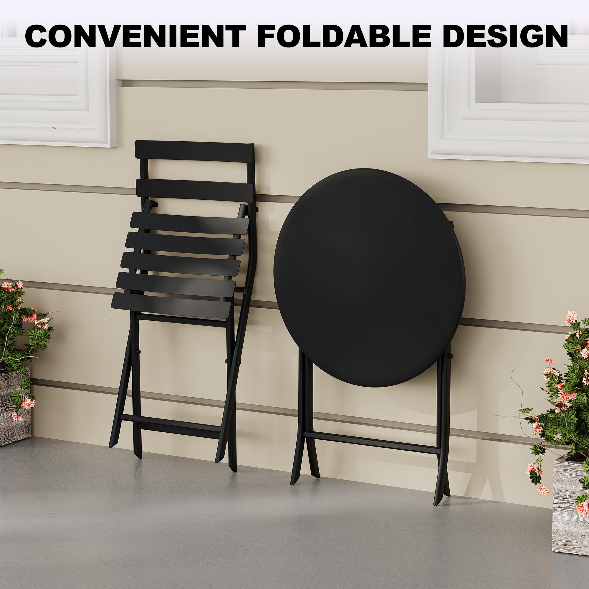 GARVEE 3-Piece Folding Patio Bistro Set with Round Table & 2 Chairs - Weather-Resistant, Space-Saving Outdoor Furniture with Premium Steel Frame in Black - Perfect for Small Balconies, Decks and Garden Dining