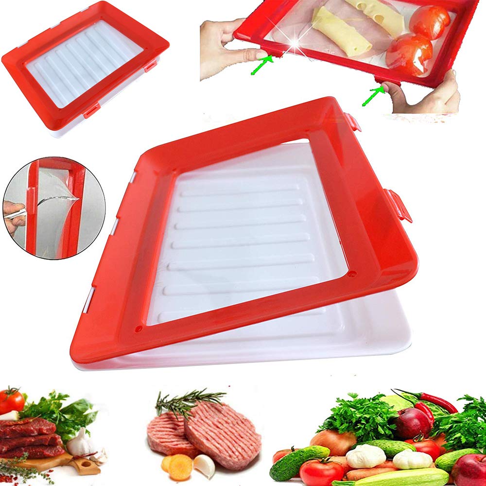 Vacuum Sealed Food Storage Containers with Magic Elastic Film Buckle - 2 Pack Plastic Preservation Trays for Fresh Fruits, Vegetables & Meal Prep | Airtight Kitchen Organizer for Refrigerator & Freezer | BPA-Free Food Savers