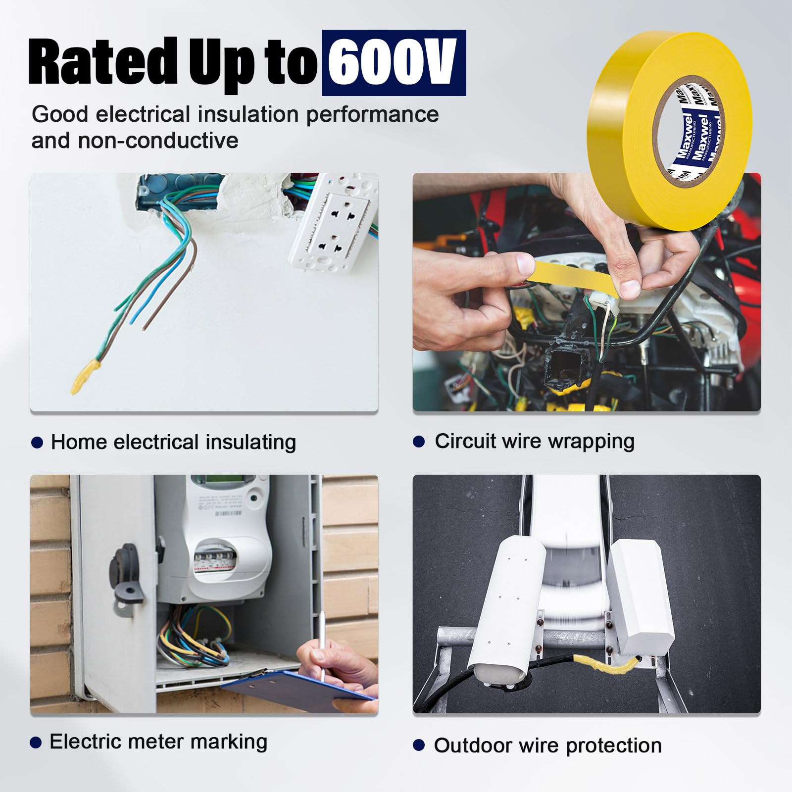 Yellow Vinyl Electrical Tape - 3/4 Inch x 60 Feet, Flame Retardant & Waterproof PVC Insulation Tape, 600V Rated for Professional & DIY Use - Ideal for Indoor/Outdoor Wiring, Automotive Repairs & Electrical Projects