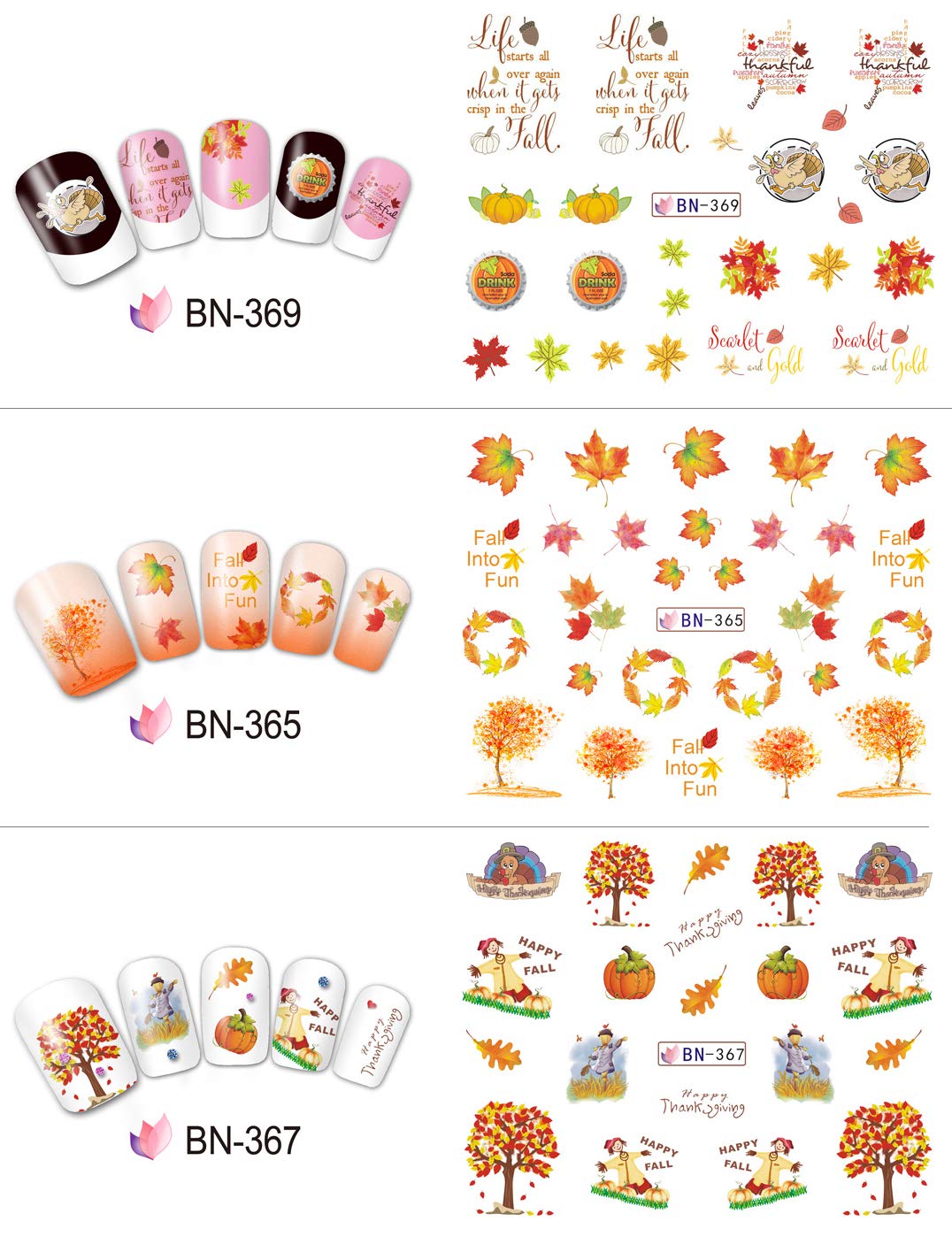 Halloween & Thanksgiving Nail Art Stickers - 12 Sheets Fall Nail Decals with Maple Leaf, Pumpkin & Turkey Designs | Water Transfer DIY Nail Stickers for Women, Girls & Kids | Perfect for Thanksgiving Decorations & Holiday Nail Art