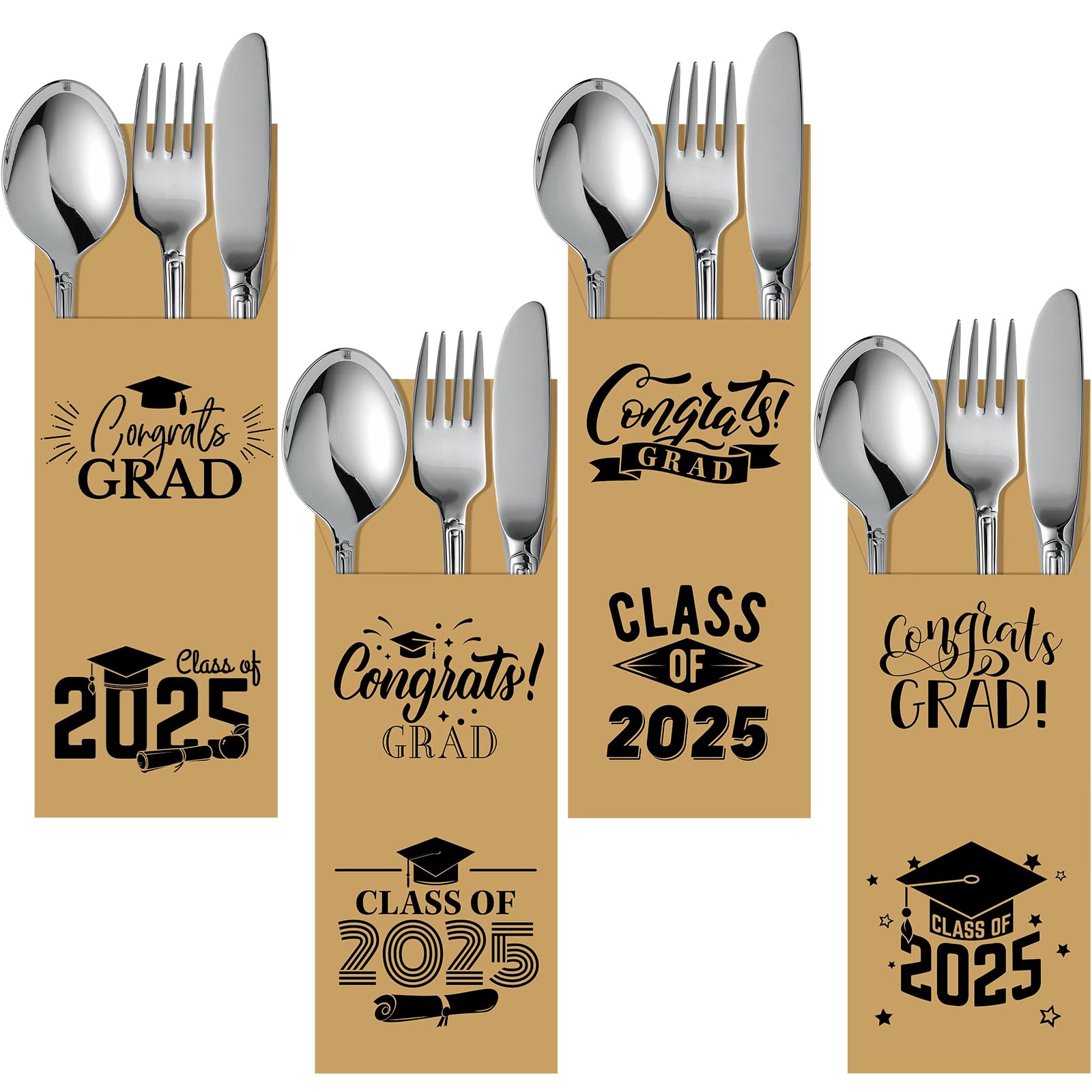TaoBary 100-Pack Class of 2025 Graduation Party Supplies - Eco-Friendly Kraft Paper Silverware Bags, Disposable Utensil Holders & Cutlery Sleeves for College & High School Celebrations - Perfect for Graduation Gifts, Buffets & Catering Events