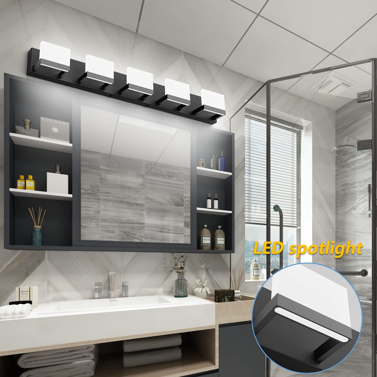 Tipace 5-Light Modern Black LED Vanity Light Fixture - Up/Down Lighting for Bathroom Mirror - 6000K Cool White - Perfect for Bathroom, Dressing Room & Makeup Area