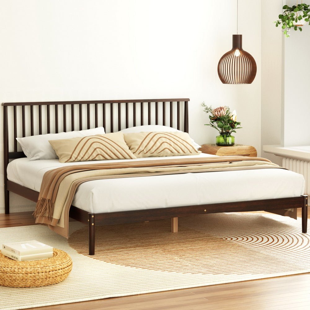 King Size Solid Pinewood Bed Frame with Walnut Finish & Bonita Pillow Top Medium Firm Mattress Set - Perfect for Master Bedrooms, Guest Rooms, and Dormitories
