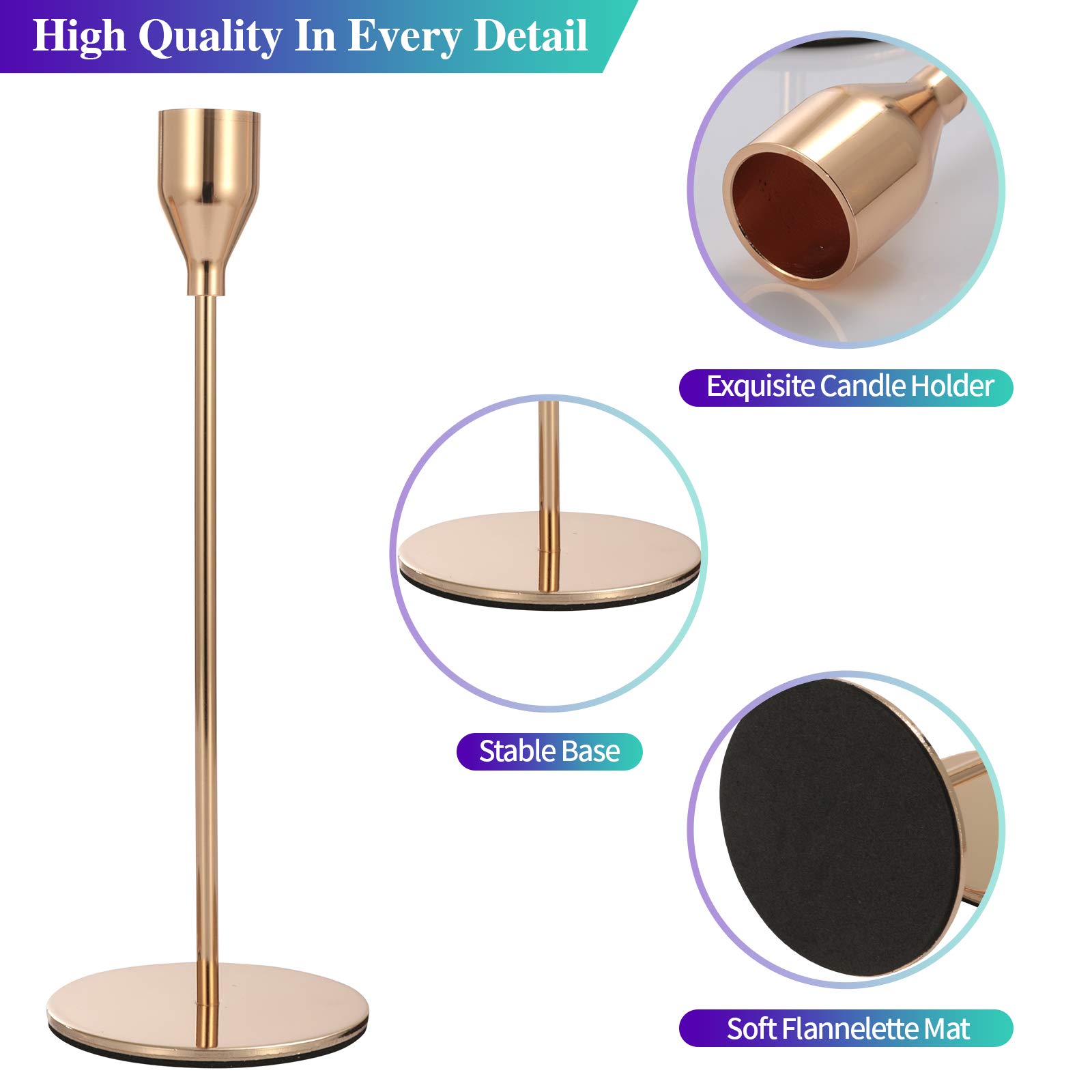 Set of 6 Pink Gold Candlestick Holders - Elegant Taper Candle Holders for Home Decor, Wedding Centerpieces, Dining Table, Party & Anniversary Decorations | Romantic Ambiance Lighting for Dinner Parties, Holiday Tablescapes & Special Occasions