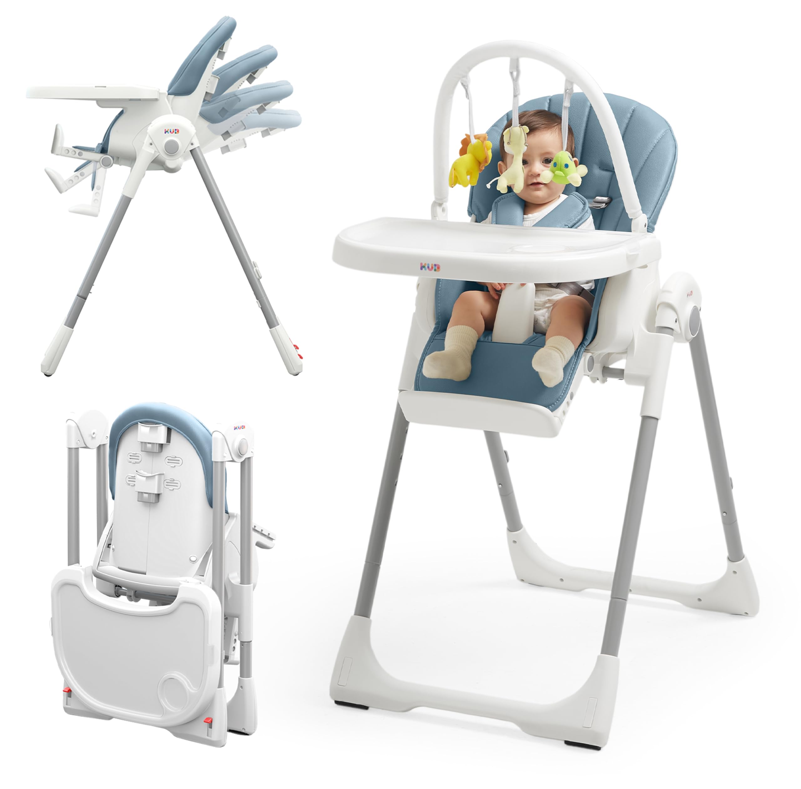 KÜB 3-in-1 Foldable Baby High Chair with Toys - 7 Height & 4 Recline Adjustable, Removable Seat & Tray for Easy Cleaning, 2 Locking Wheels - Multifunctional Infant Highchair for Babies & Toddlers (Blue) - Perfect for Dining, Feeding, and Playtime at Home or Travel