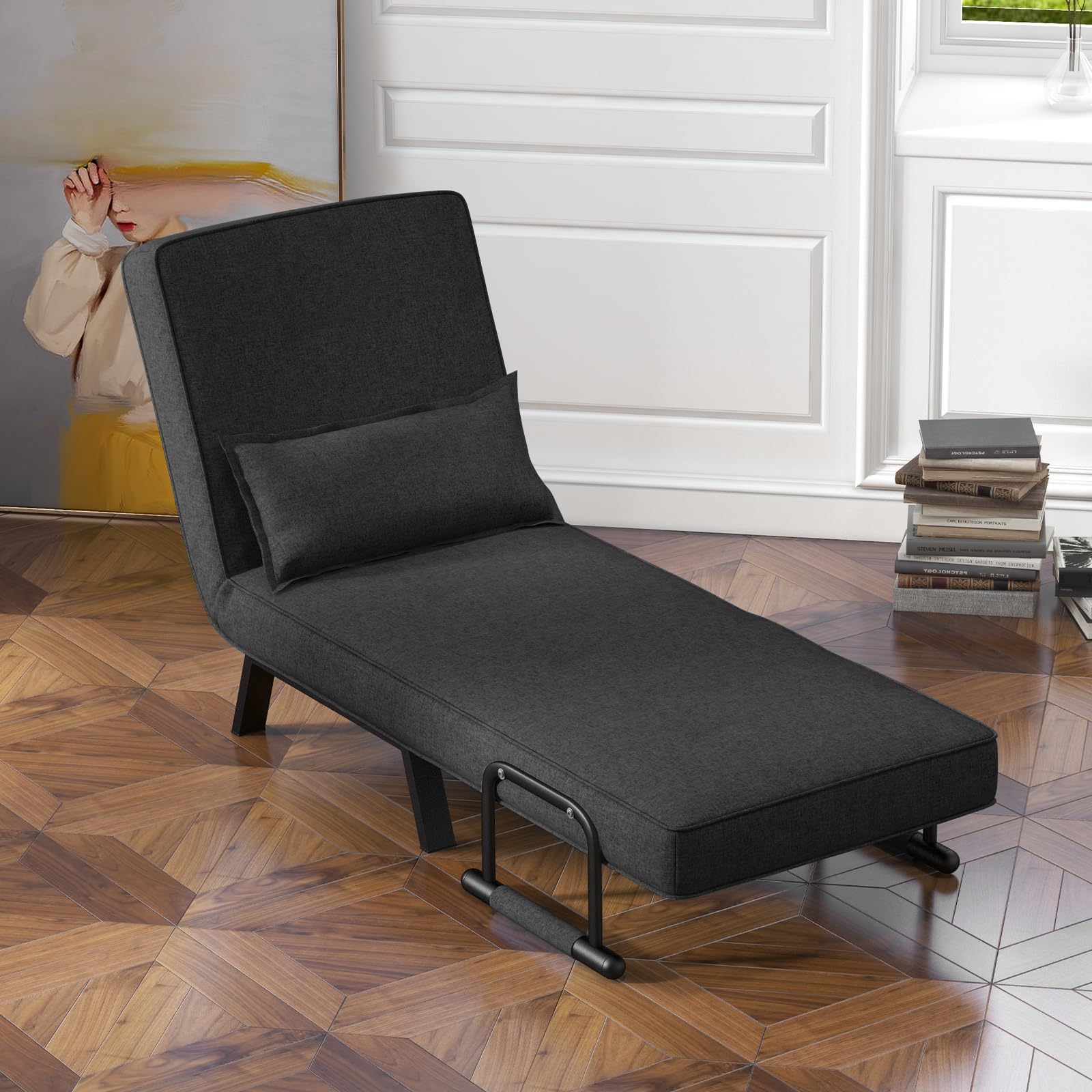 KOMFOTT 4-in-1 Convertible Sleeper Chair Bed - Adjustable Backrest Folding Sofa Bed with Removable Pillow, Upholstered Chaise Lounge for Living Room, Guest Room & Small Spaces (Dark Gray) | Perfect for Apartments, Dorms & Home Offices