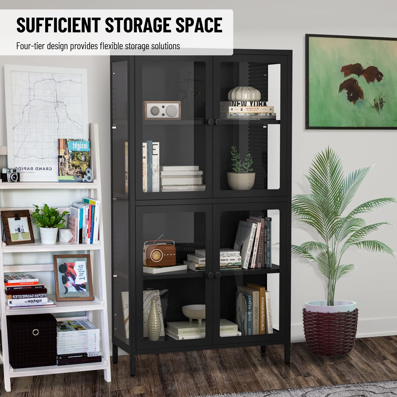 CuisinSmart 4-Tier Glass Display Cabinet with Adjustable Shelves - Modern Black Steel Storage Bookcase for Living Room, Office & Home Decor - Perfect for Showcasing Collectibles, Books & Decorative Items