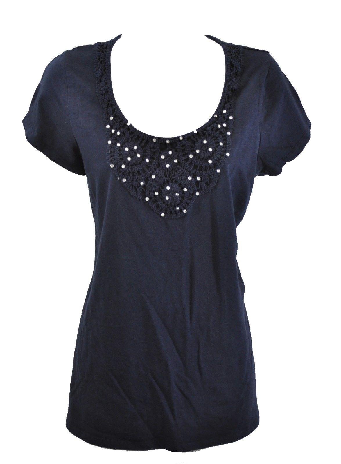 RXB Women's Rhinestone Embellished Crochet Neck Tee - Small Navy Blue - Stylish Summer Top for Casual Wear, Beach Outfits & Date Nights