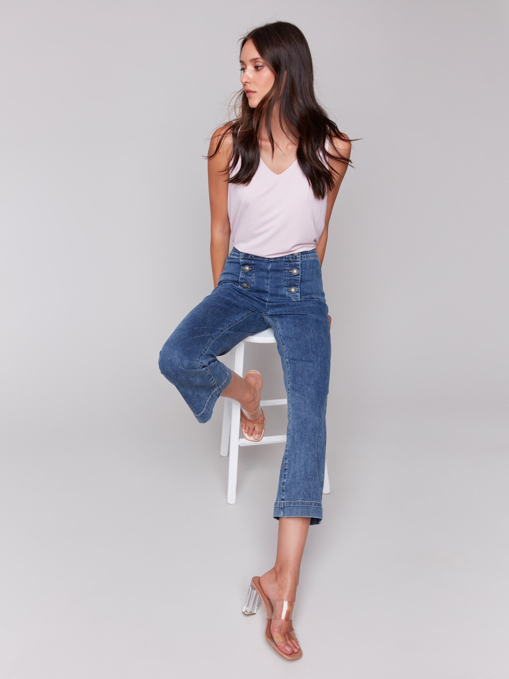Cropped Pull On Flare Jeans with Front Buttons - Medium Blue Washed Denim Pants for Women | Casual Outfit, Streetwear & Boho Style