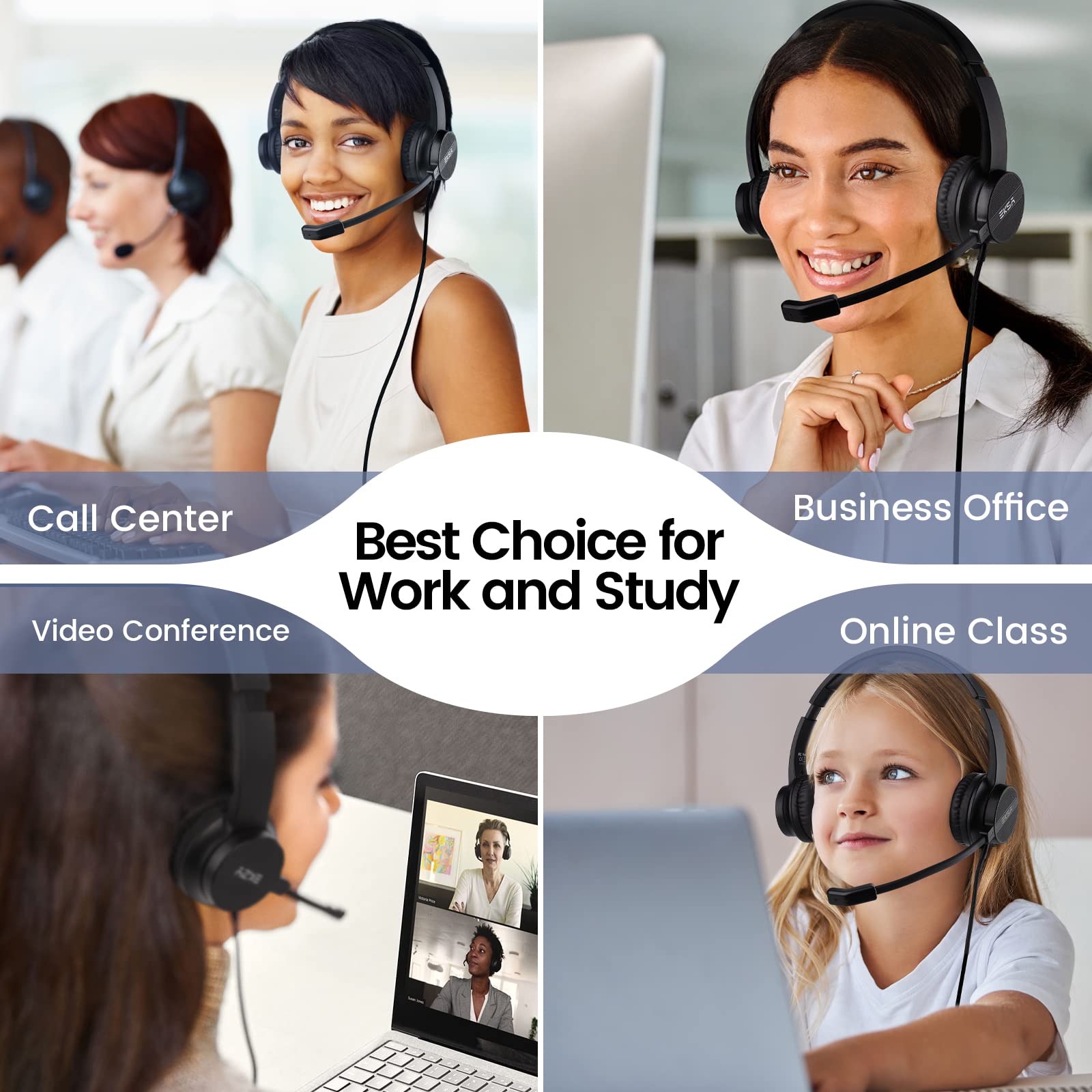 EKSA Wired Gaming Headset with Microphone for PC & Laptop - 3.5mm Noise Cancelling Headphones with Volume Control & Mic Mute - Lightweight Comfort for All-Day Office Work, Call Center, Skype Calls, Online Meetings & Remote Learning