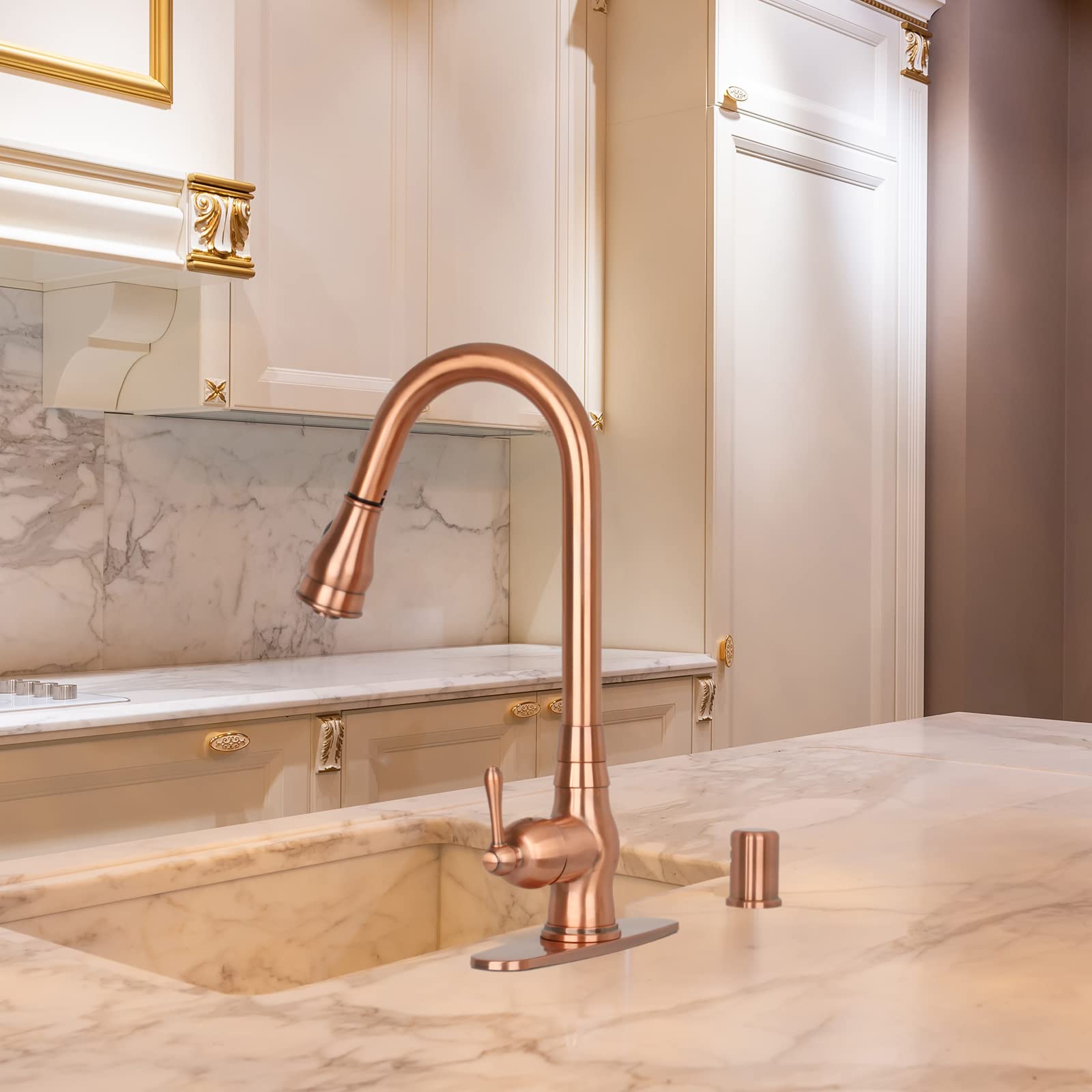 Akicon Copper Single-Hole Pull-Down Sprayer Kitchen Faucet - Single Handle Brushed Nickel Sink Faucet with High Arc Spout for Modern Kitchen & Bathroom Renovation