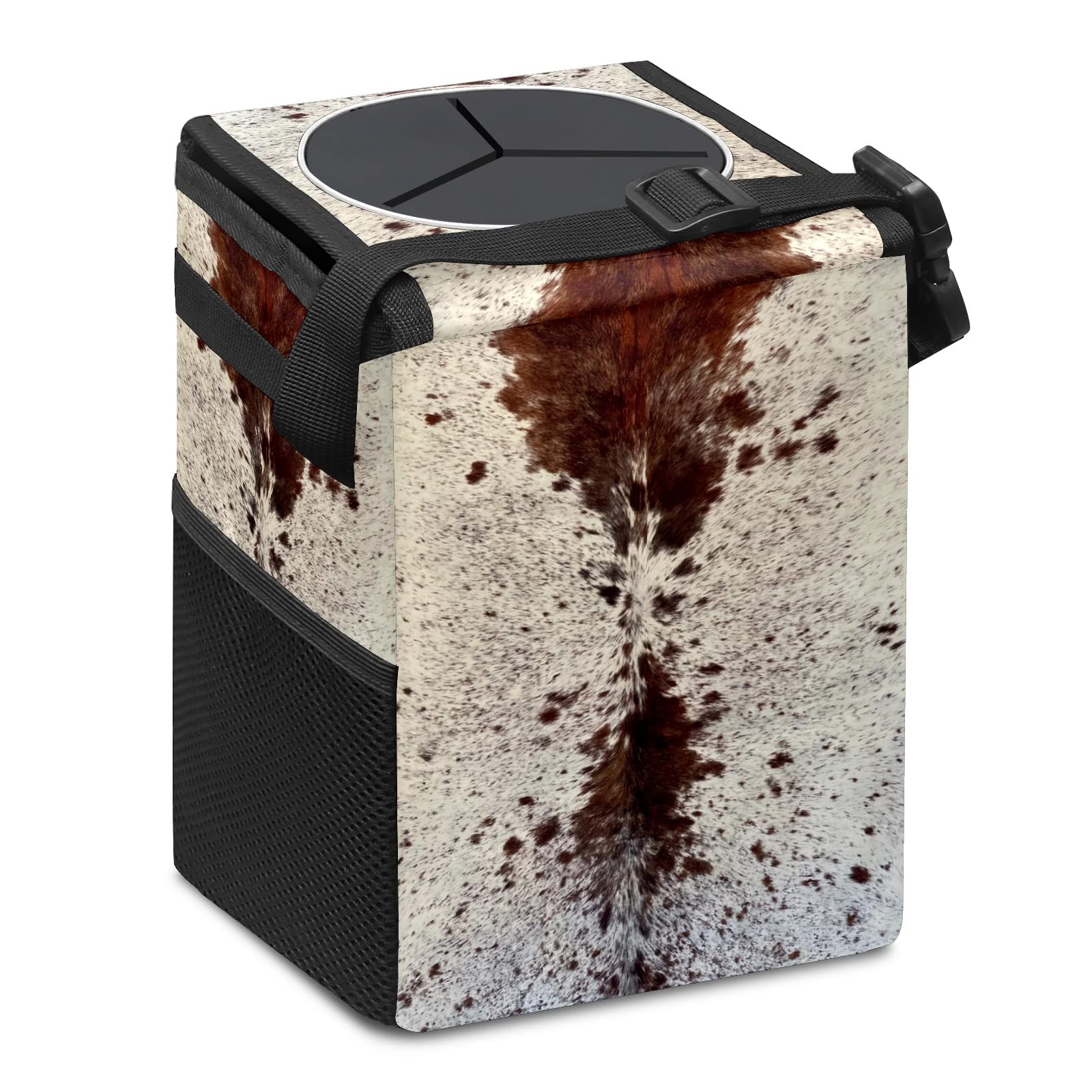 Western Brown Cow Print Car Trash Can with Lid - Collapsible Reusable Waterproof Auto Garbage Bin for Car, Truck & SUV - Perfect for Road Trips, Commuting & Keeping Your Vehicle Clean