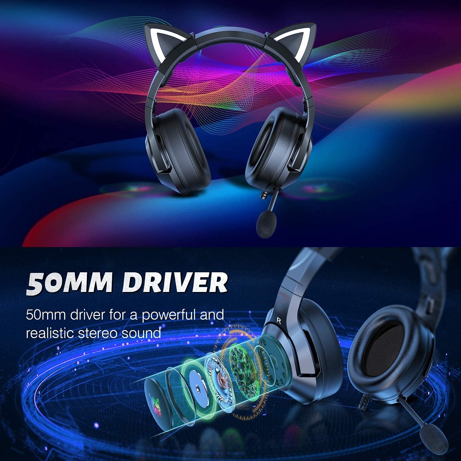 Wireless Cat Ear Gaming Headset with Microphone - 7.1 Surround Sound RGB LED Headphones for PC, PS4, PS5, Xbox One (Adapter Required) & Mobile Phones - Perfect for Streaming, Gaming & Online Classes