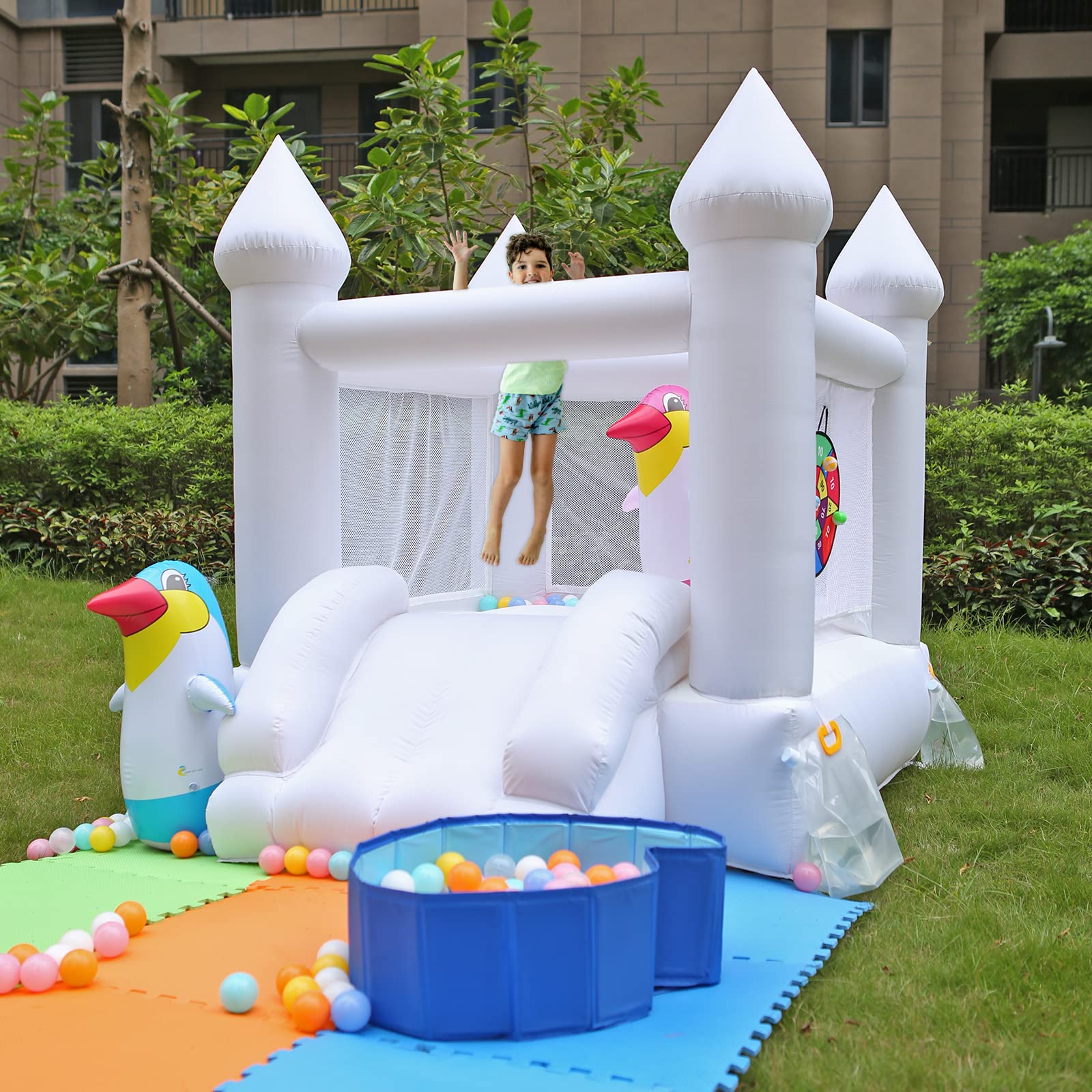 White Bounce House with Blower - 6ft x 5ft Inflatable Bouncy Castle for Kids, Family Backyard Fun, Birthday Parties, Weddings & Outdoor Events - Perfect Gift for Children (6ftL×5ftW×5ftH) - Great for Backyards, Parks, School Carnivals & Summer Gatherings
