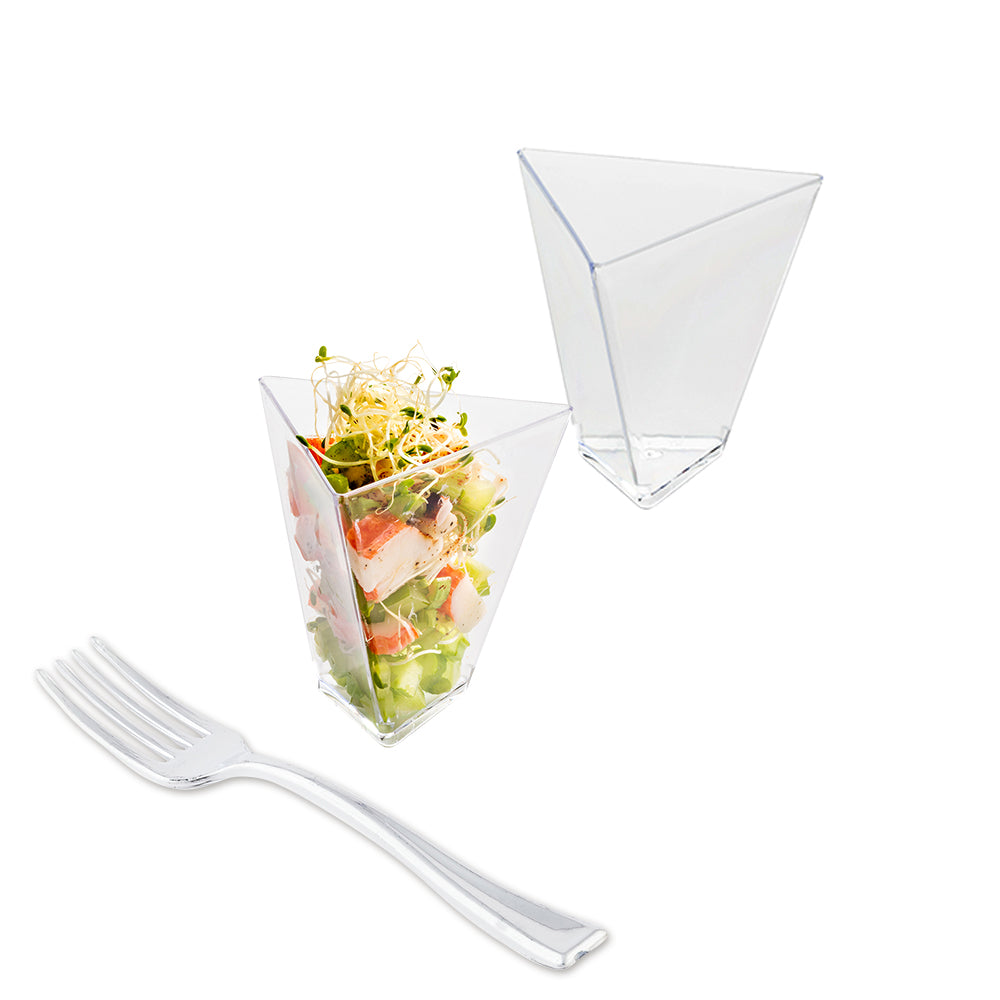 100 Pack 4 oz Clear Plastic Torcente Dessert Cups with 100 Silver Mini Forks - Disposable Party Supplies for Ice Cream, Pudding, Parfaits & Dessert Serving