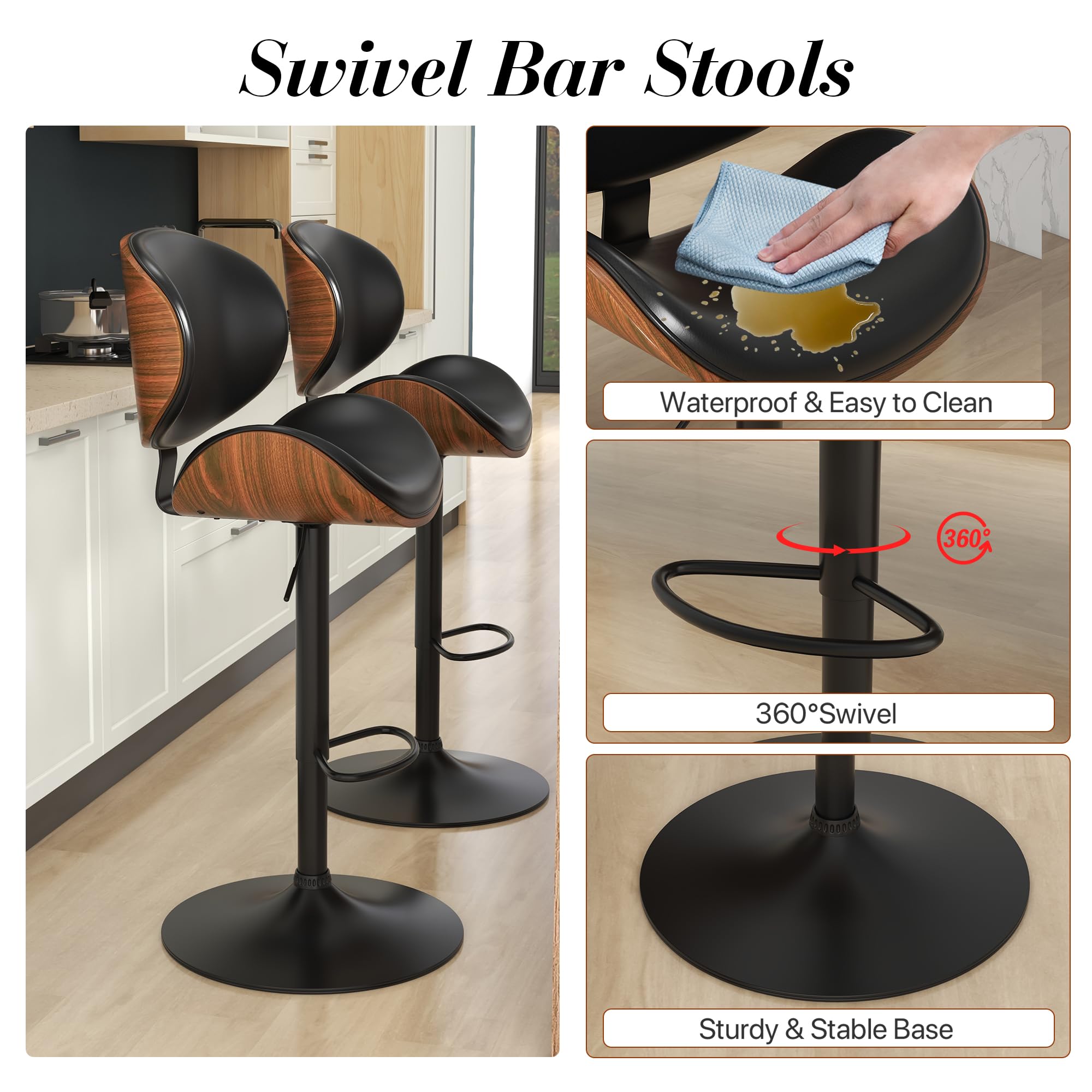 KCC Bar Stools Set of 4 - Adjustable Height Swivel Bar Stools with PU Leather Upholstery & Footrest - Modern Bentwood Bar Chairs for Kitchen Island, Home Bar, Dining Room & Breakfast Nook (Black PU Leather) - Perfect for Entertaining, Casual Dining & Kitchen Counter Seating