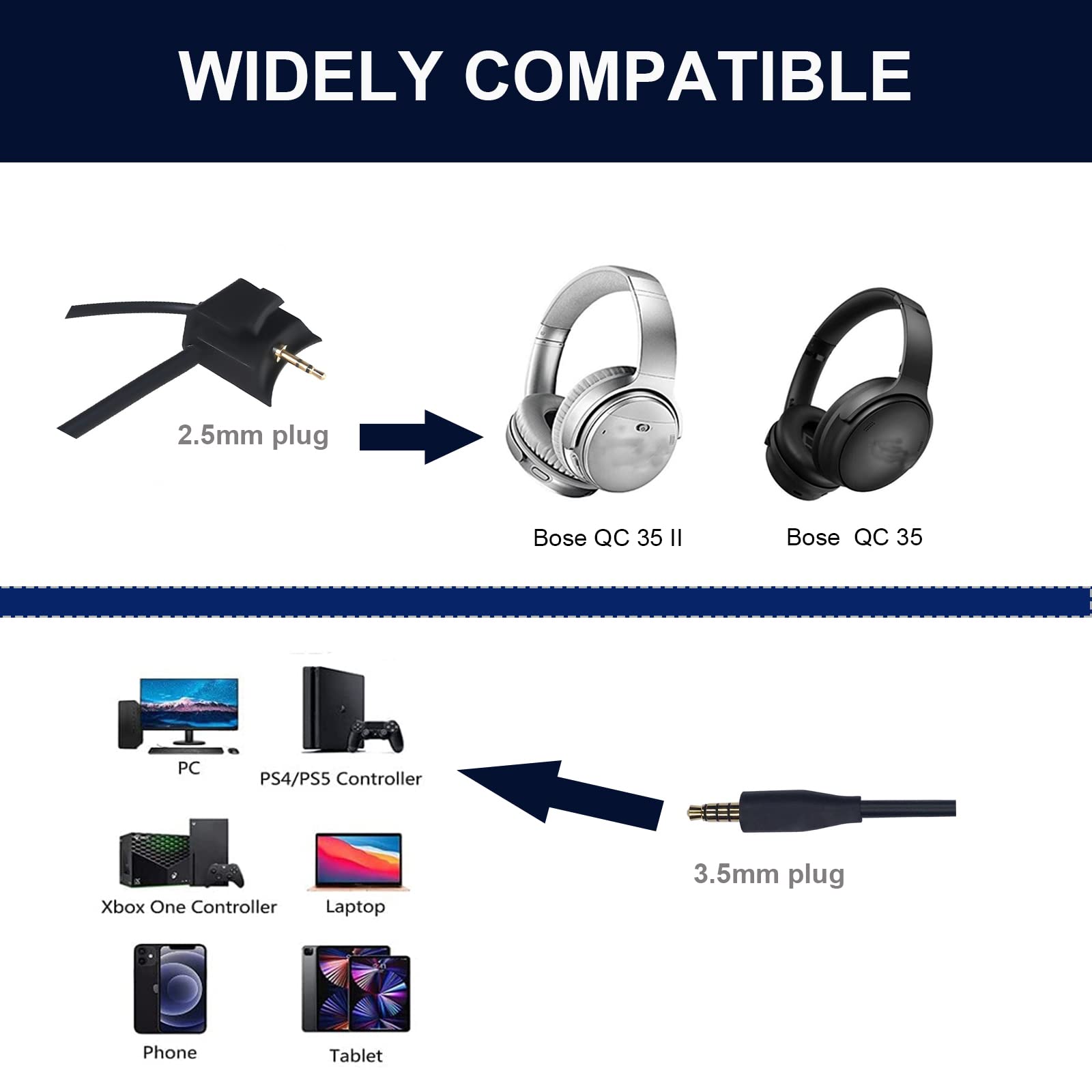 Bose QC35 II Replacement Cable with Boom Microphone & Mute Switch - Compatible with Bose QuietComfort 35 II & QC35 Headphones for Gaming, PC, Laptop, PS4, PS5, Xbox One Controller - Perfect for Online Meetings & Multiplayer Gaming