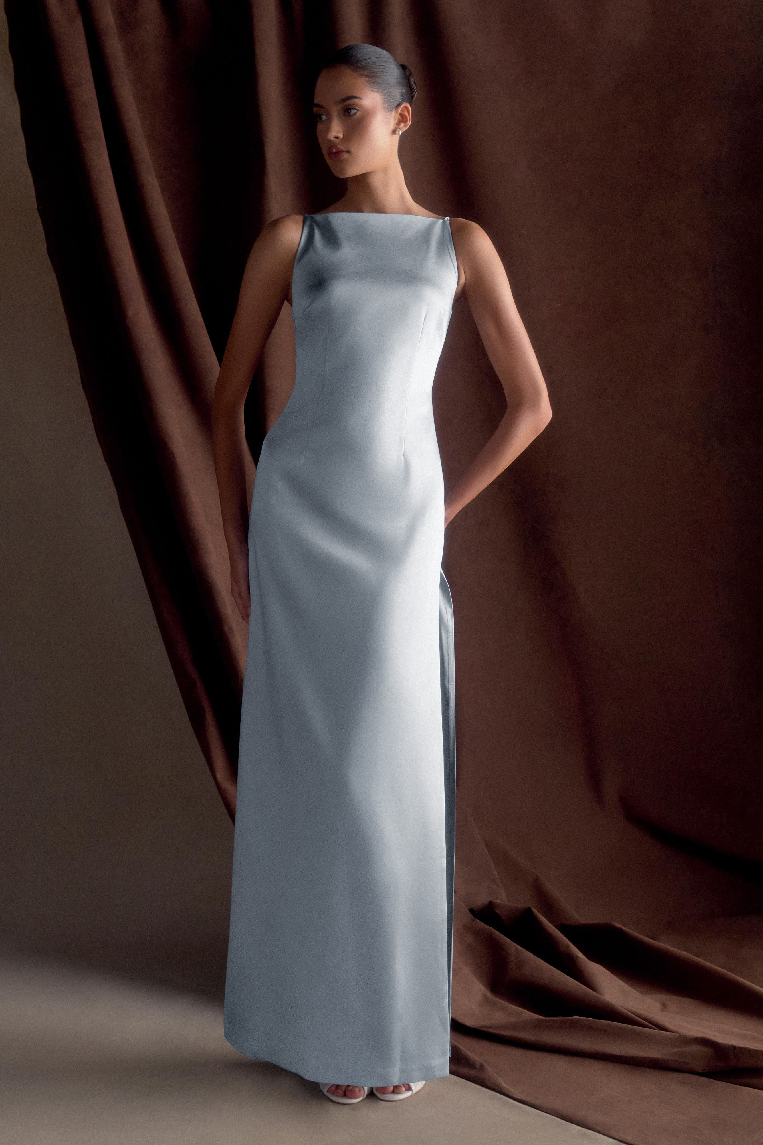 Elegant Violet Sleeveless Satin Maxi Dress in Frosted Blue - Perfect for Summer Weddings, Beach Vacations & Evening Parties