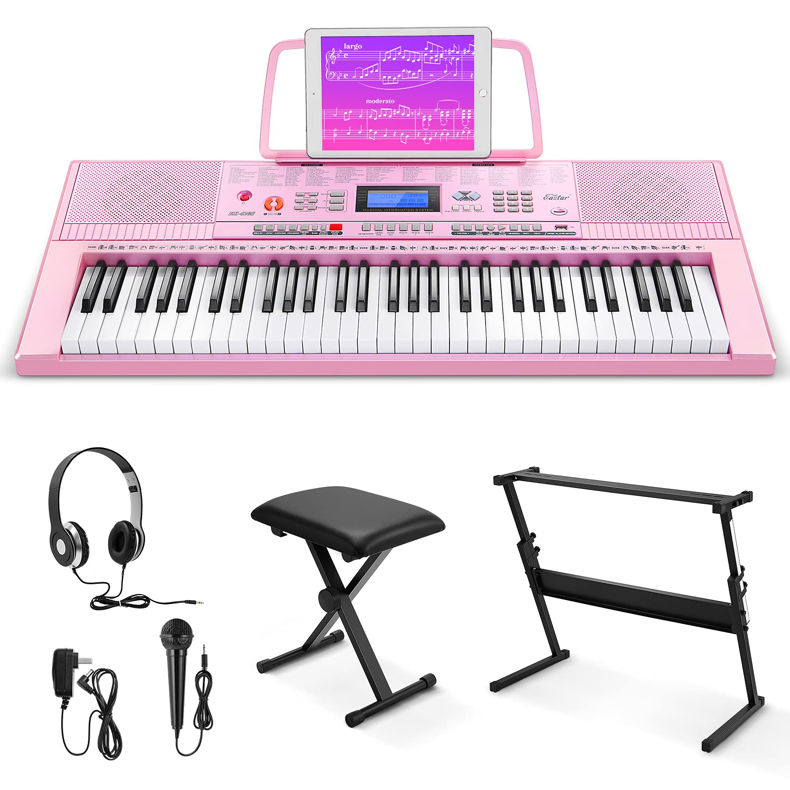 Eastar 61-Key Electric Piano Keyboard for Beginners - Digital Piano with Stand, Bench, Headphones & Microphone - Perfect for Home Practice, Music Lessons & Gift Giving (Pink)