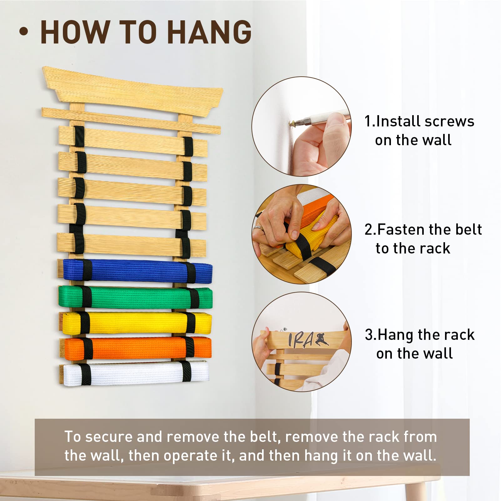 10-Piece Karate Belt Display Rack with Stickers - Taekwondo & BJJ Belt Holder for Kids & Adults - No Assembly Required Martial Arts Equipment - Perfect for Dojo, Gym & Home Organization