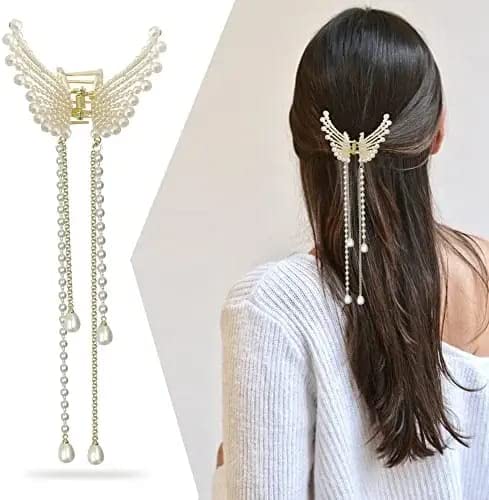 INHEAVEN Crystal Pearl Butterfly Hair Clips for Women - Elegant Tassel Hairpins for Parties, Weddings & Special Occasions - Shiny Birthday Gift Jewelry Accessories (Pearl Design)