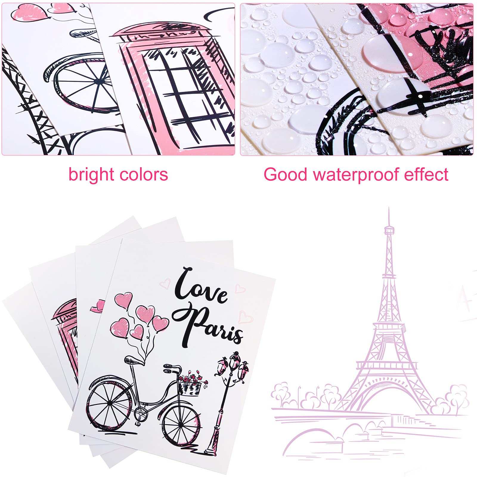 Outus 4-Piece Paris Wall Art Set - Pink Eiffel Tower Prints, Romantic Unframed Posters (8x10 Inch) for Bedroom, Living Room, Bathroom & Office Decor | Perfect for Girls' Rooms, French-Themed Home & Gift Ideas