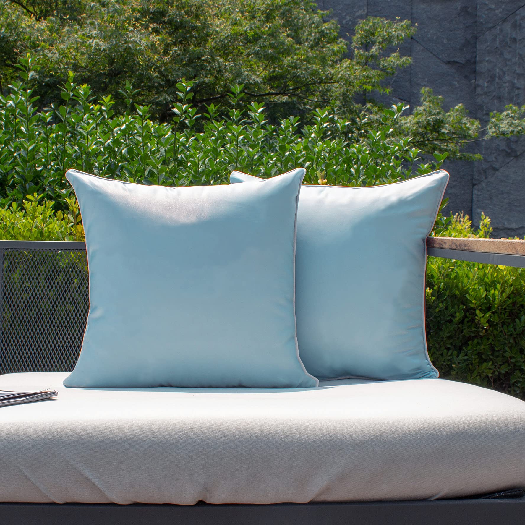 Kevin Textile 20x20 Inch Outdoor Waterproof Pillow Covers - 2 Pack Light Blue with White Piping for Patio Furniture, Garden Couch & Poolside Lounge | Weather-Resistant Decorative Throw Pillows