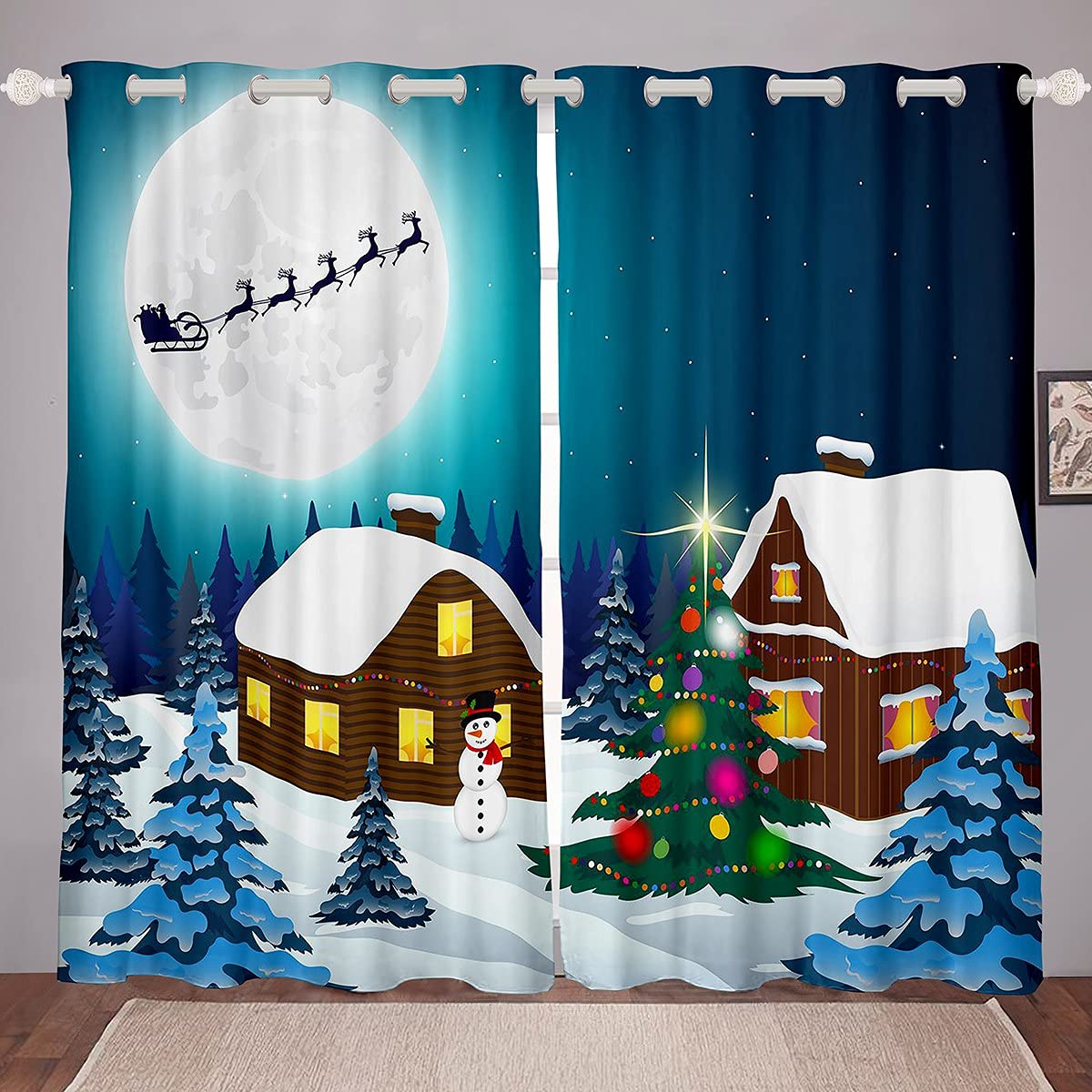Cartoon Christmas Tree and Snowman Kids Window Curtains - Xmas Santa Sleigh Holiday Drapes for Boys & Girls Bedroom Decor (38x45 Inches, 2 Panels) - Perfect for Nursery, Playroom, and Festive Seasonal Window Treatments