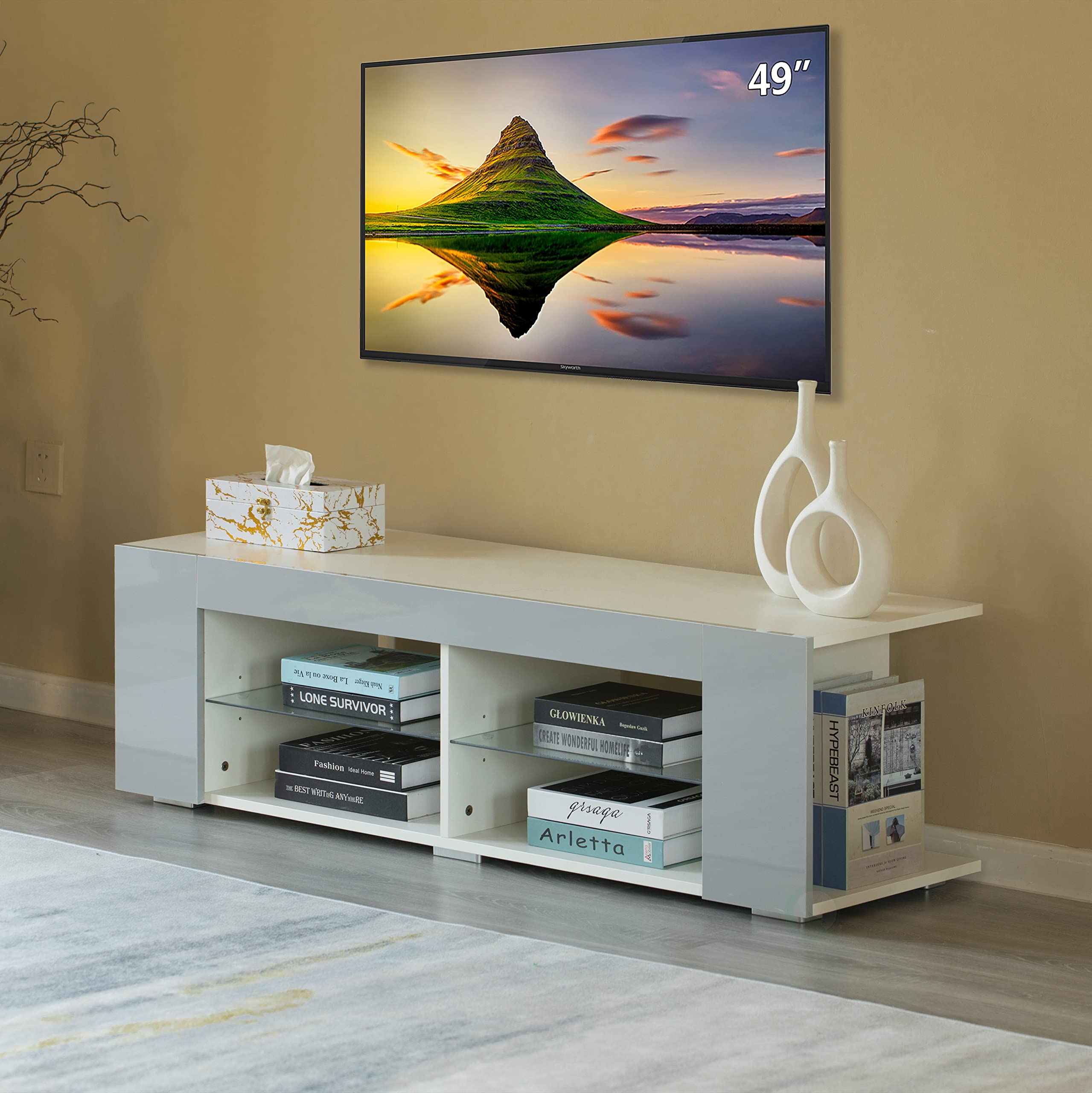 Basicwise White LED TV Stand with Glass Shelves & UV Frame - Modern Entertainment Center for Living Room, Bedroom & Home Theater Setup