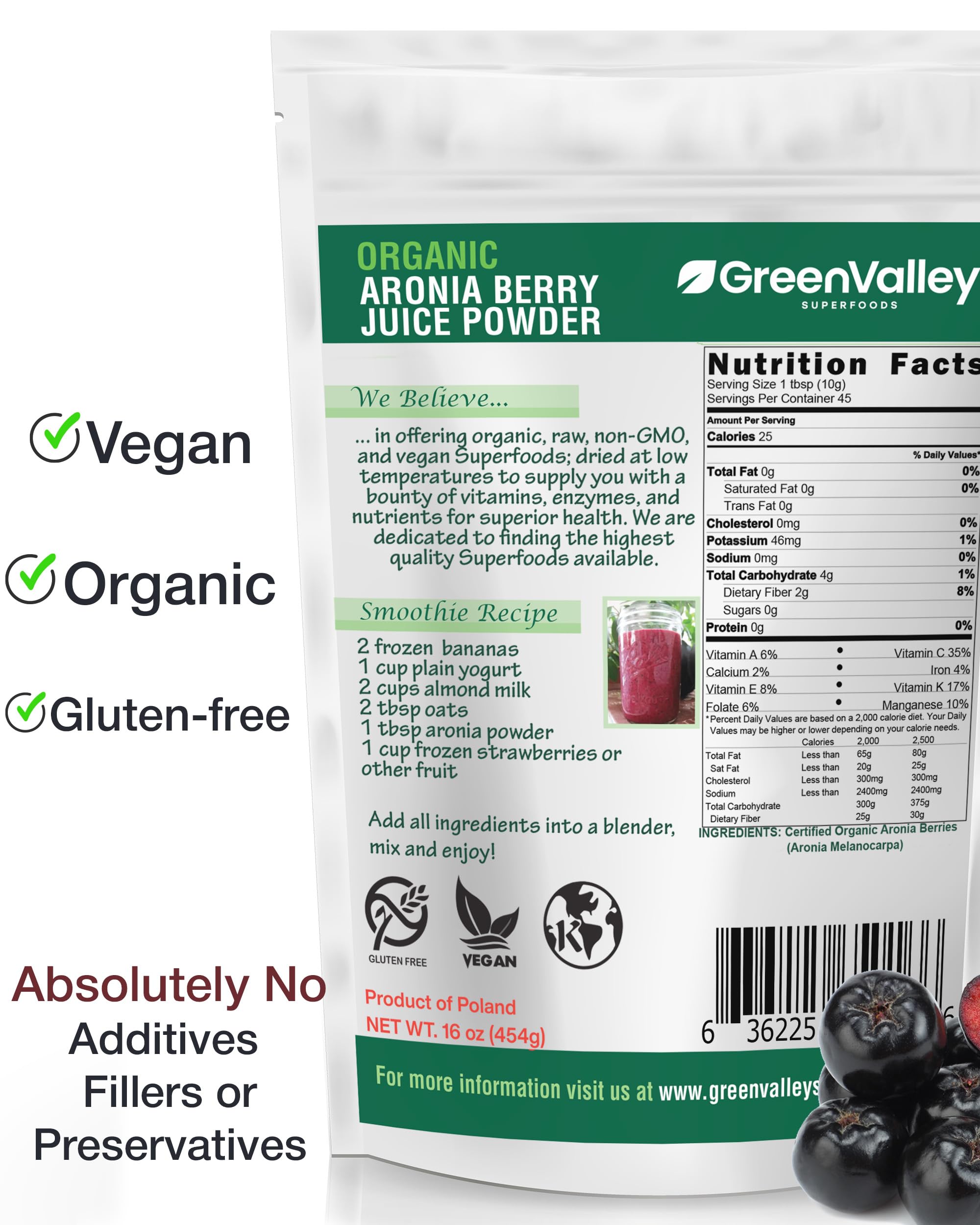 Organic Aronia Berry Juice Powder by Green Valley Superfoods - Antioxidant Rich Chokeberry Powder with High Anthocyanins (1lb) - Perfect for Smoothies, Baking & Immune Support