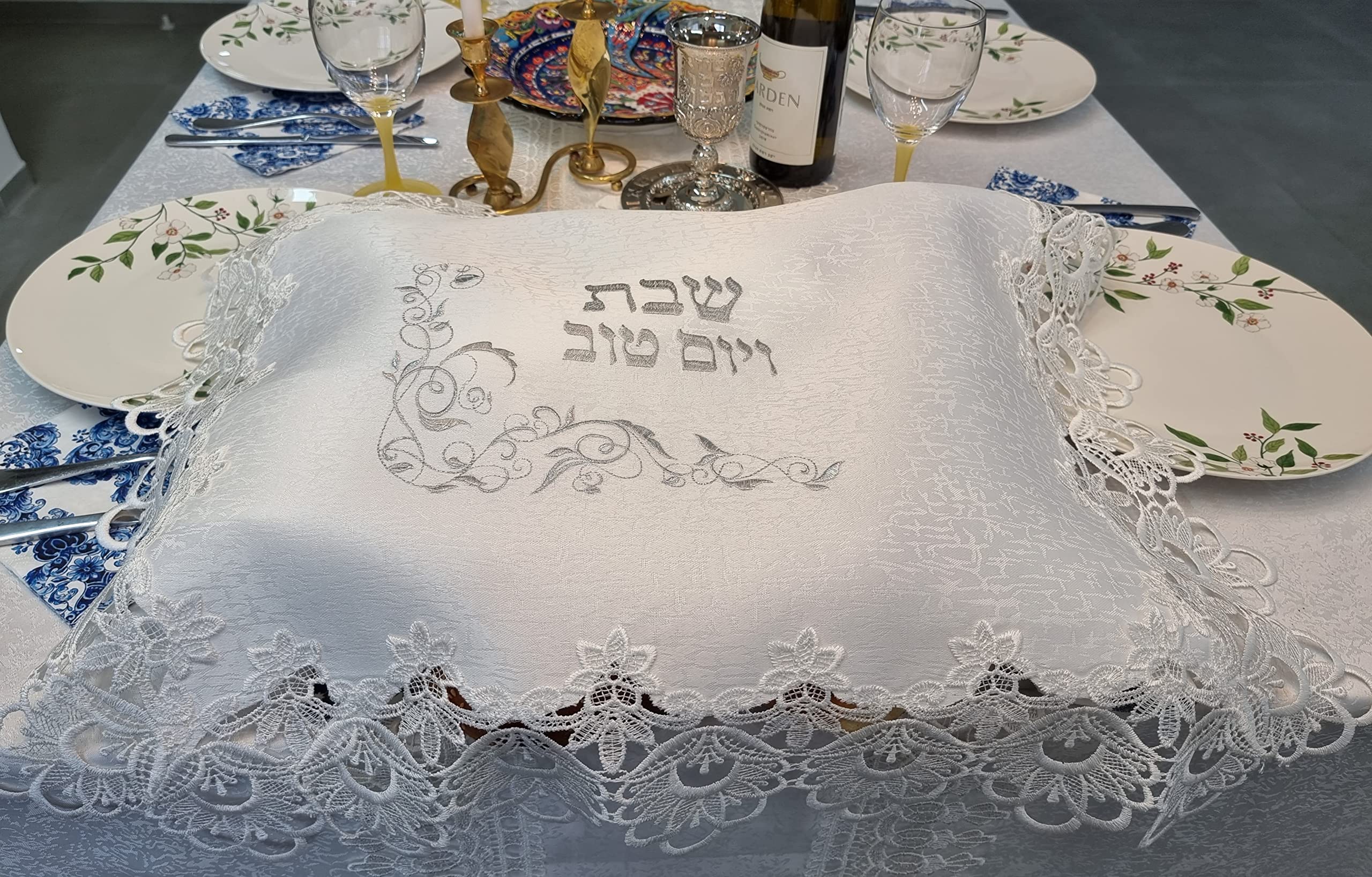 TALISMAN4U White Challah Bread Cover for Shabbat - Silver Floral Embroidered Lace Decoration Judaica Gift (20 x 17 inches) - Perfect for Jewish Holidays, Sabbath Meals & Home Decor