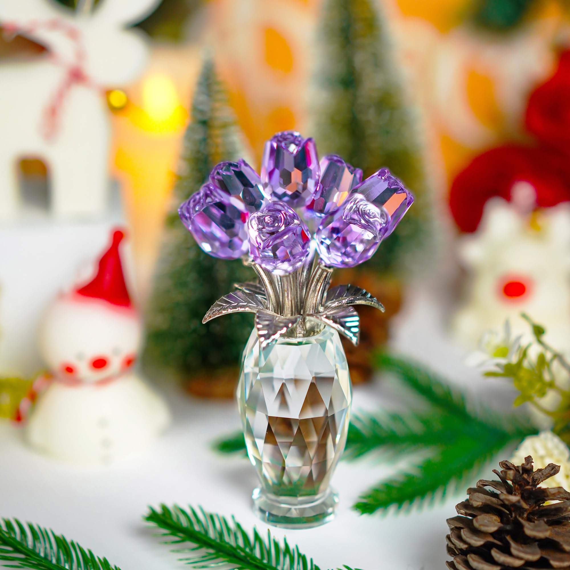 H&D HYALINE & DORA Purple Crystal Rose Flower Figurine - Elegant Glass Flower Collectible Gift for Mom, Wife, Grandma | Perfect for Mother's Day, Thanksgiving, Anniversary & Birthday Celebrations | Home Decor, Wedding Centerpiece, Office Desk Ornament