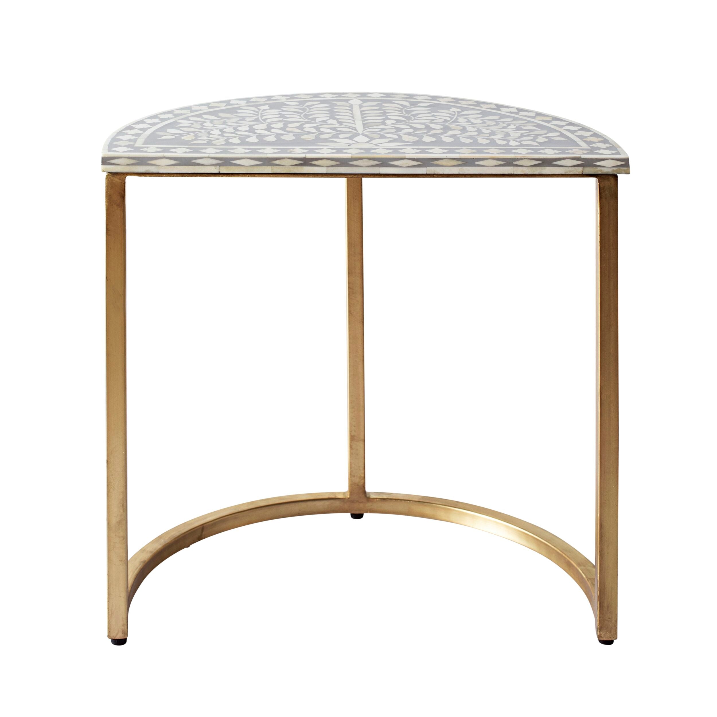 Elegant Bone Inlay Half Moon Side Table with Gold Frame - 53cm Grey Console Table for Living Room, Bedroom & Entryway Decor