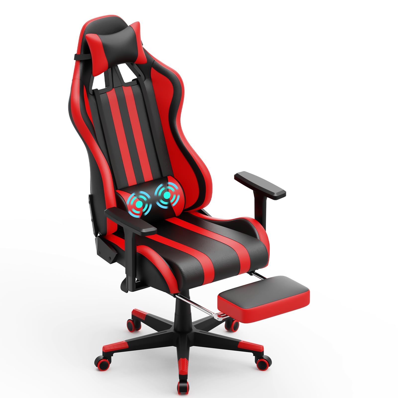 Soontrans Red Gaming Chair with Footrest - Ergonomic Racing Style Massage Gaming Chair for Adults, Adjustable Height & 360° Swivel, Reclining Computer Office Chair for PC Gaming, Streaming & Home Office Use